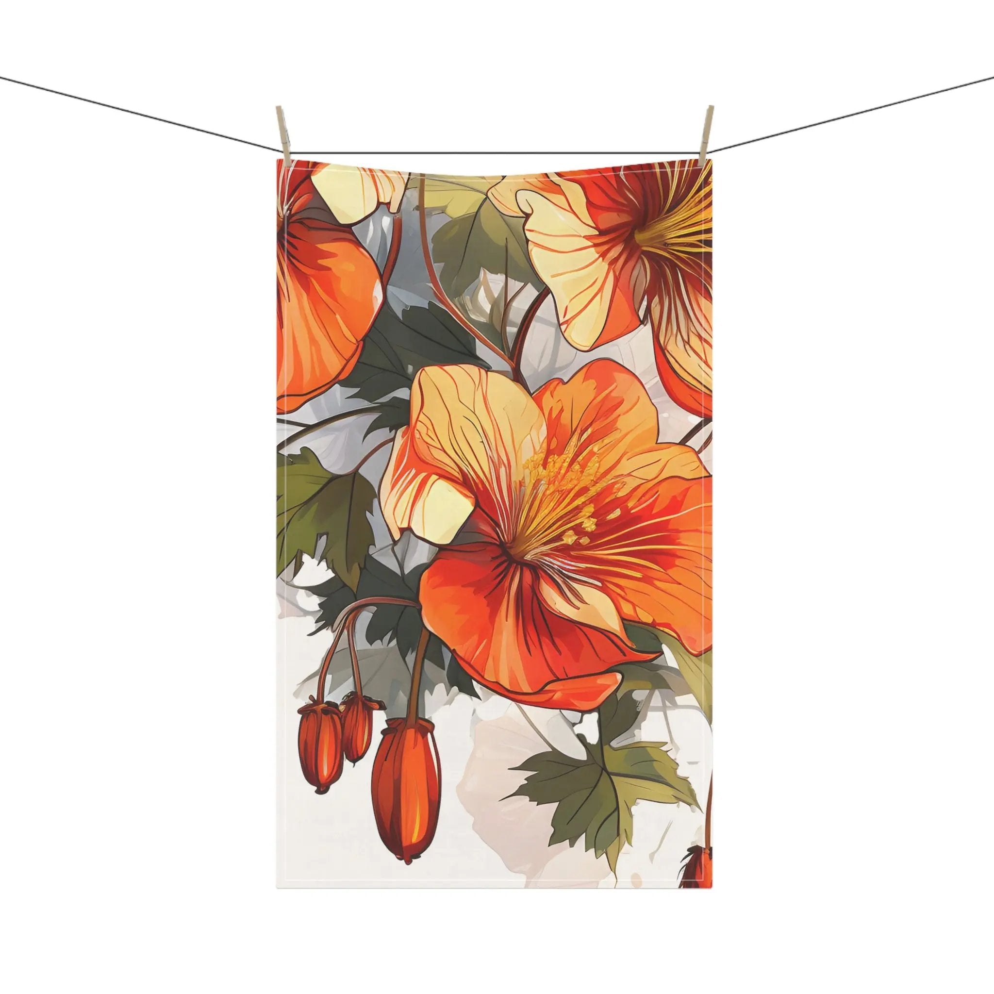 Kitchen Towel | a painting of orange flowers hanging on a clothes line