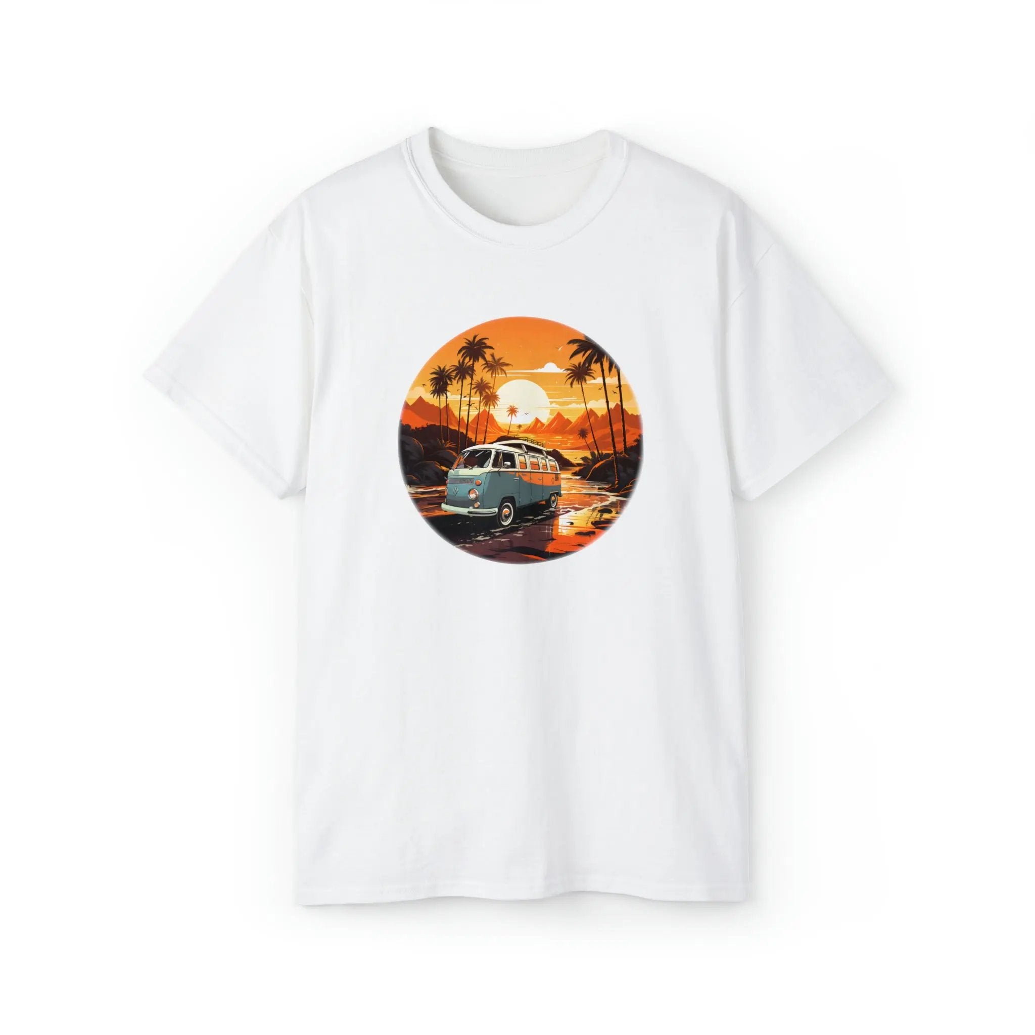 men tee graphic | a white t - shirt with an image of a van on the beach