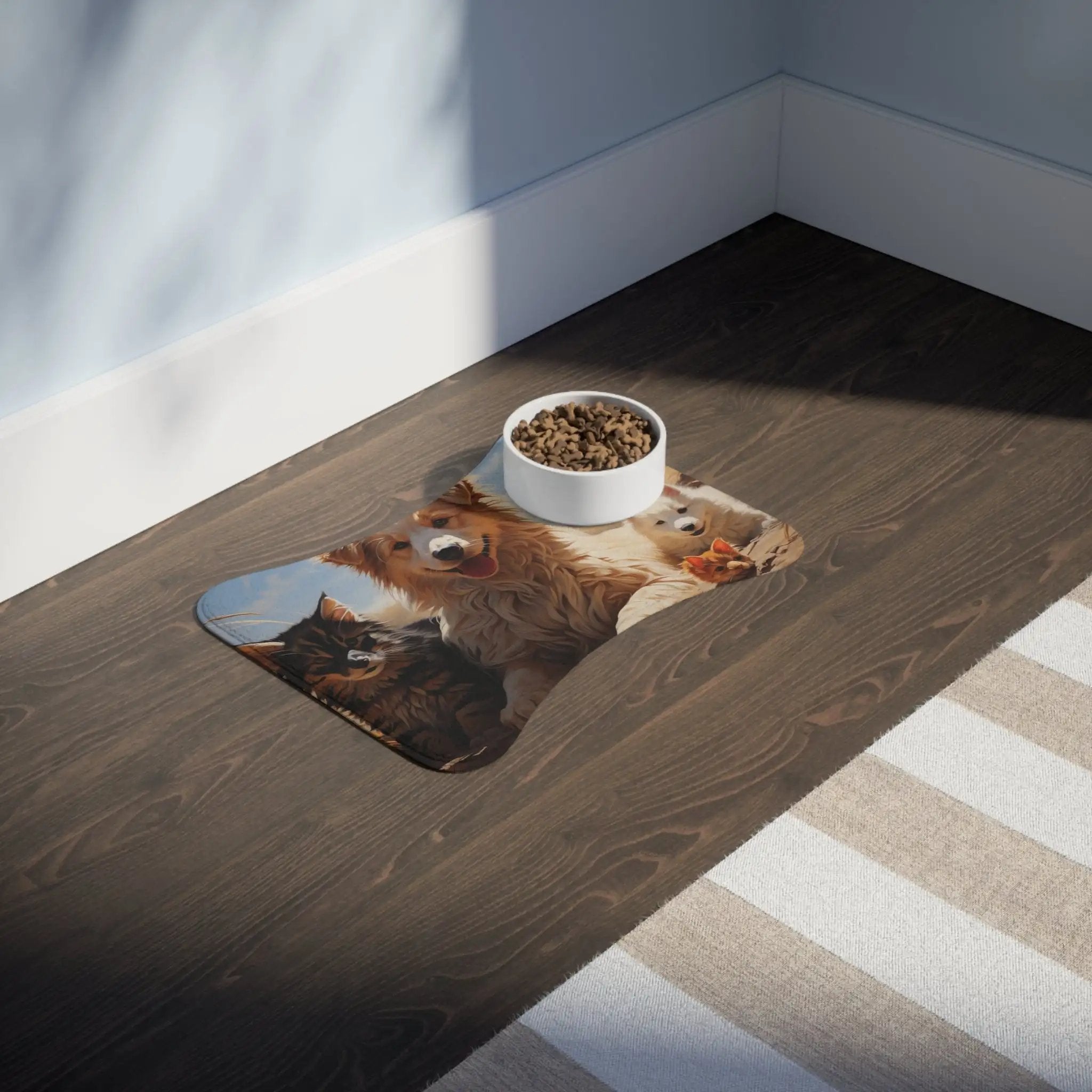 Pet Feeding Mats | a dog eating food out of a bowl on the floor