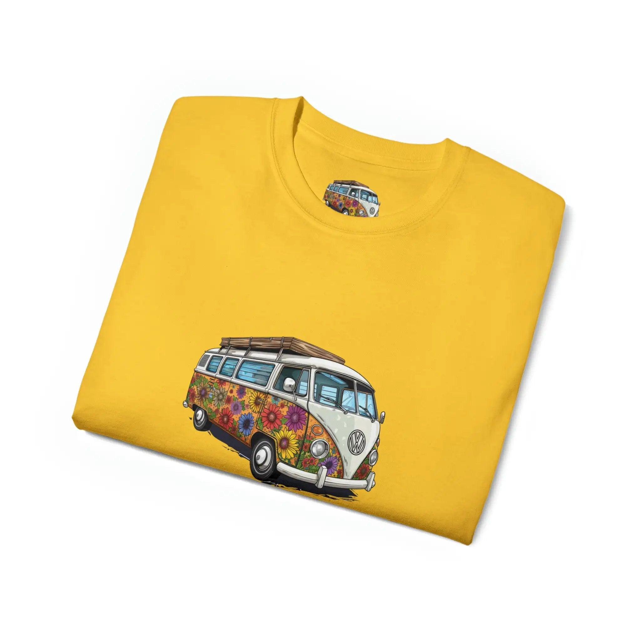 men tee graphic | a yellow shirt with a van bus painted on it