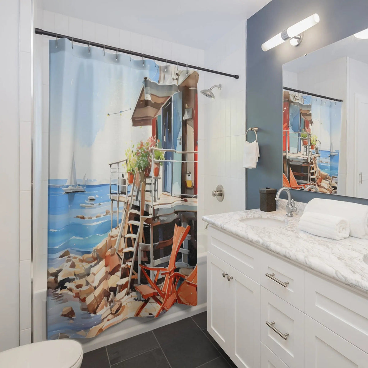 shower curtain rod | a bathroom with a shower curtain with a painting on it