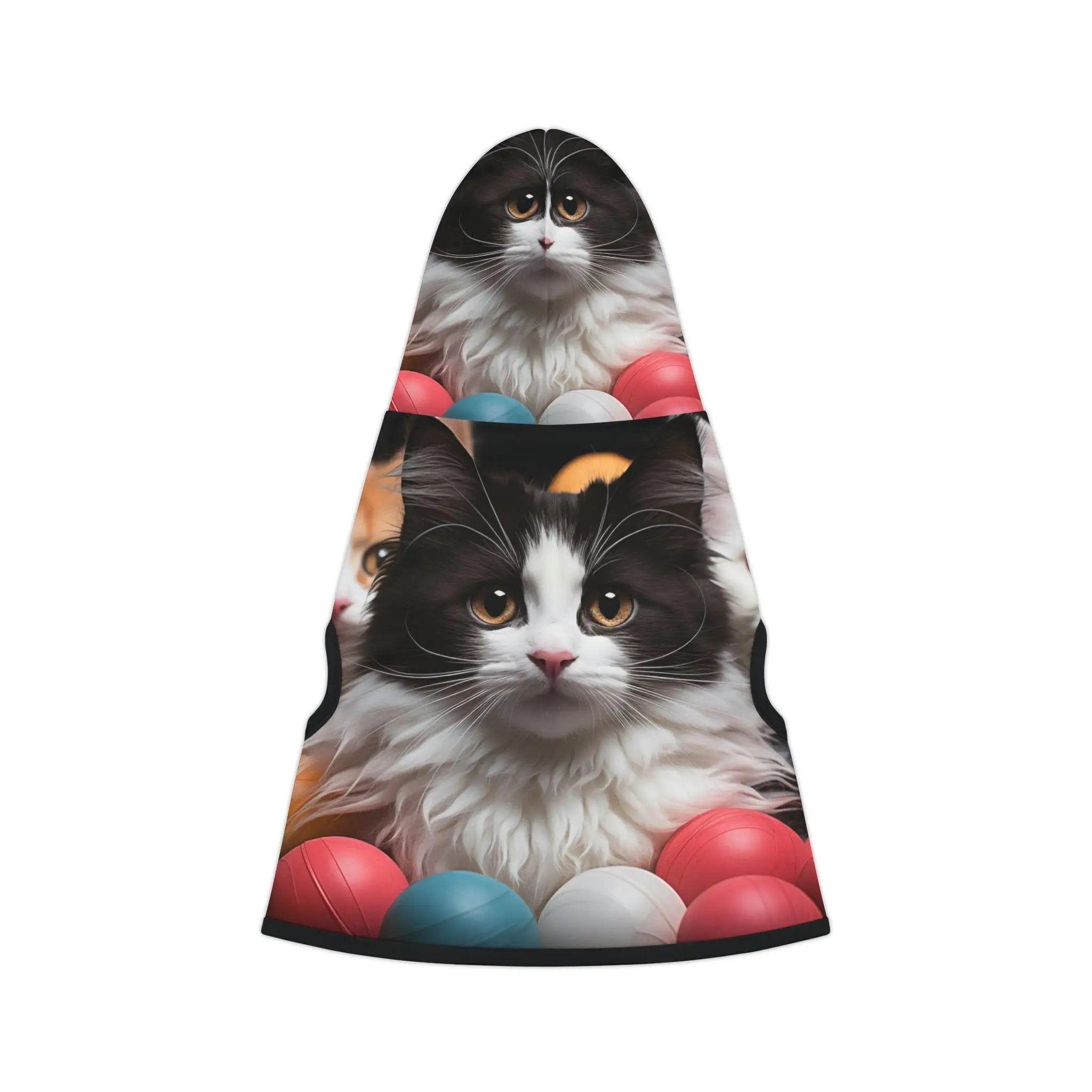 Pet hoodie | a black and white cat is surrounded by balls