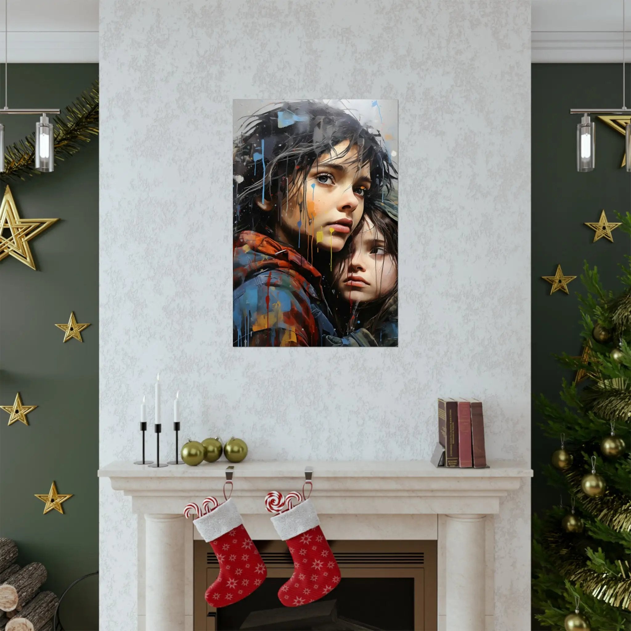 Kawaii Posters | a painting of two people next to a Christmas tree