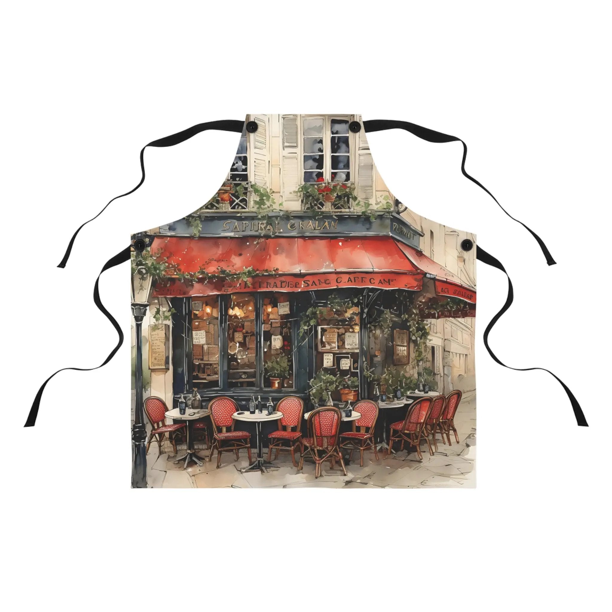 Chef Apron | a painting of a restaurant with a red awning