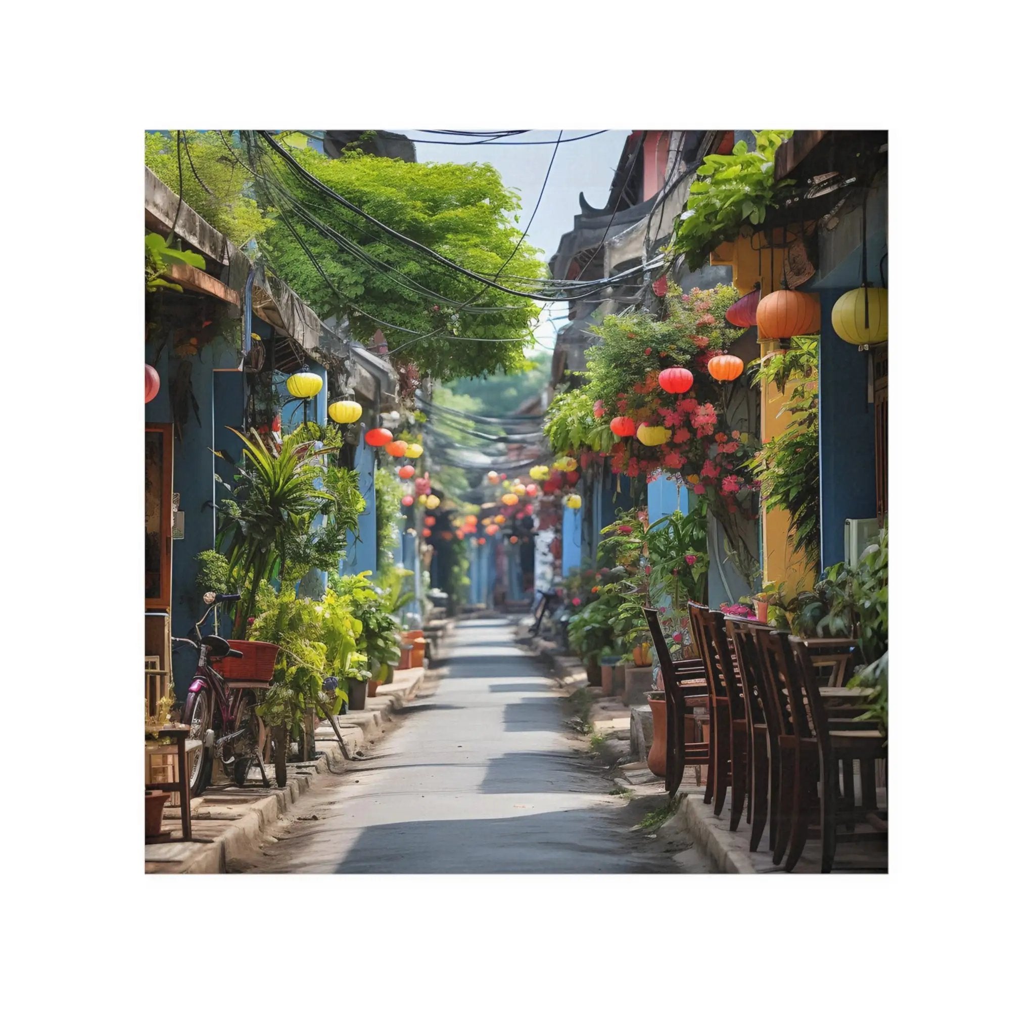 Face Towel | a picture of a narrow street with lanterns hanging from a clothes line