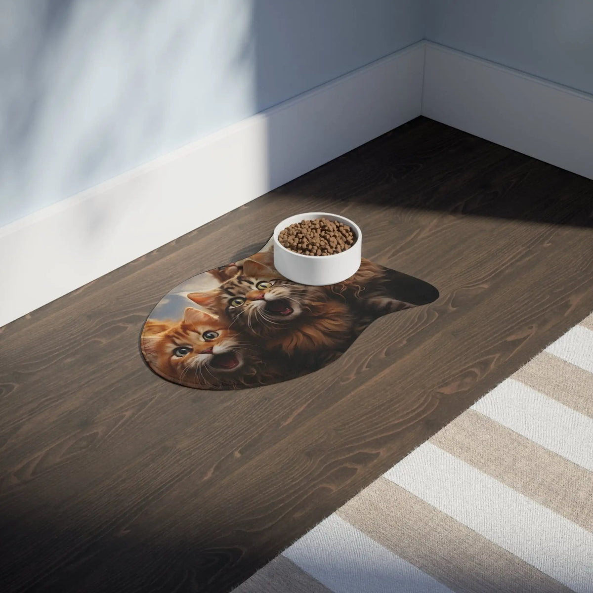 Pet Feeding Mats | a cat and a dog eating out of a bowl