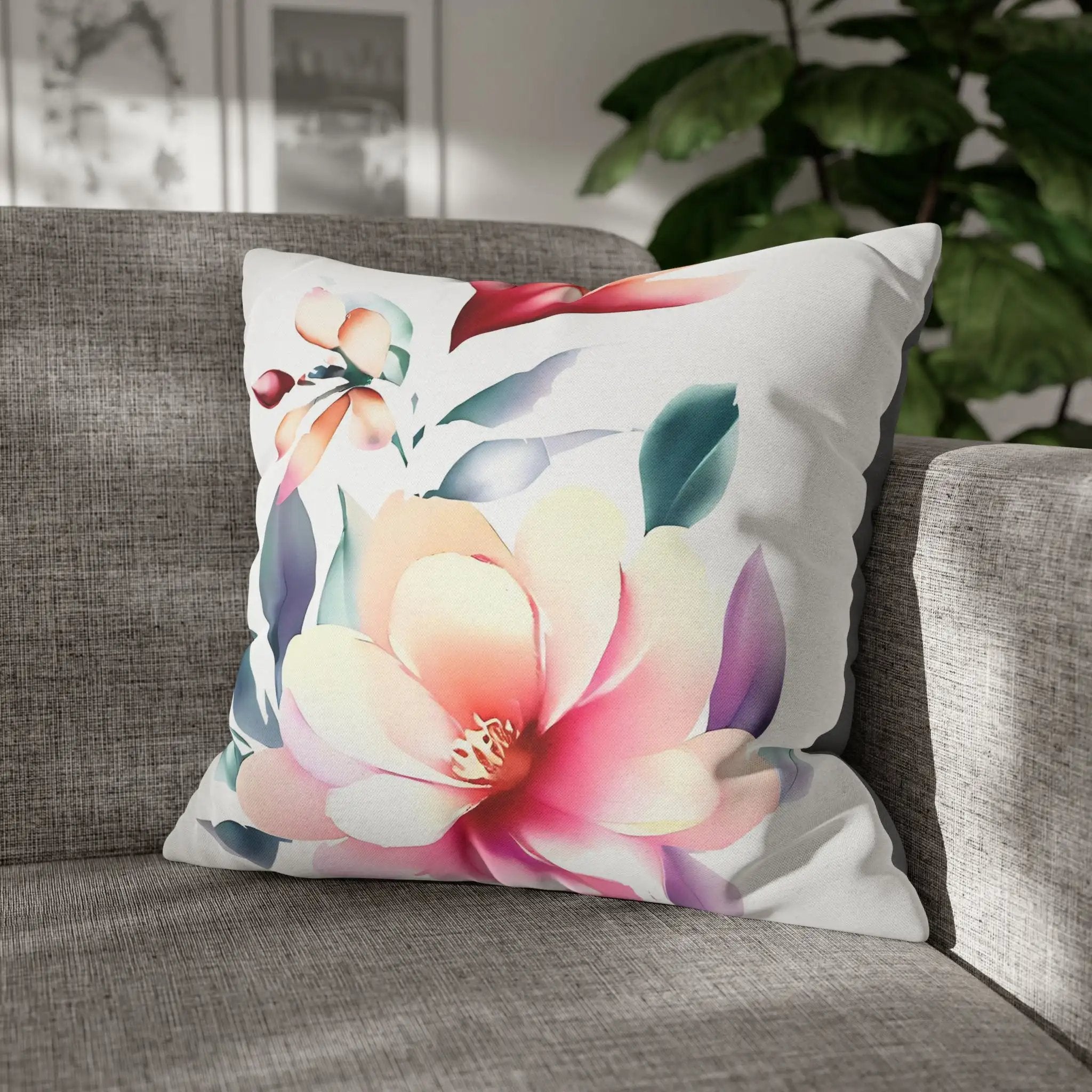 Pillow Sham | a flowered pillow on a couch with a plant in the background