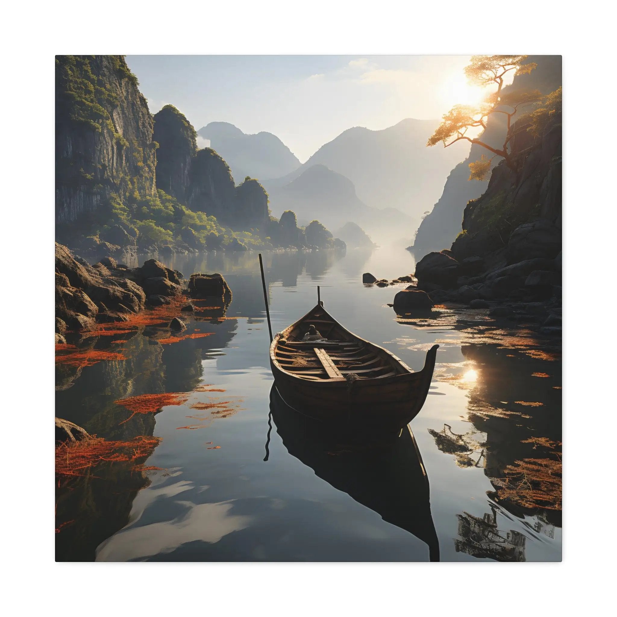 Canvas Gallery Wraps | a boat floating on top of a river next to mountains