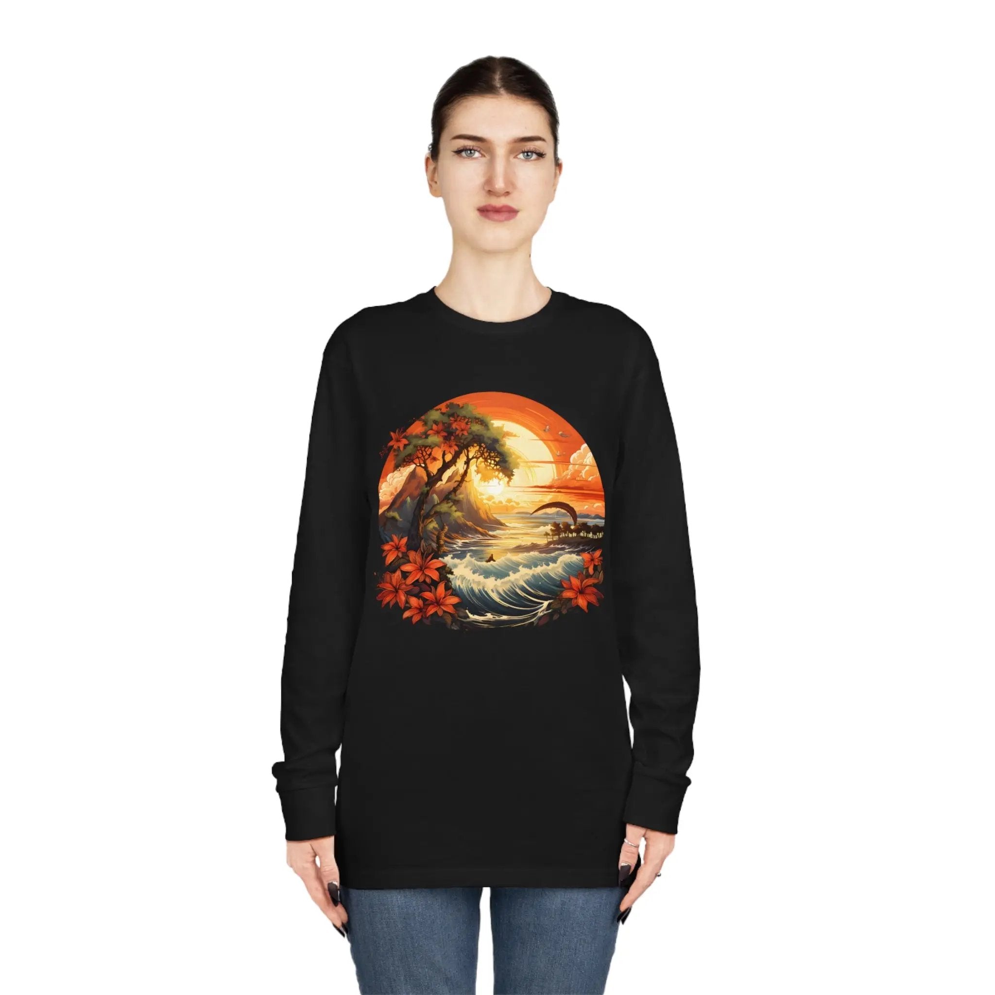 Long Sleeve t shirt | a woman wearing a black shirt with a painting of a sunset and palm trees