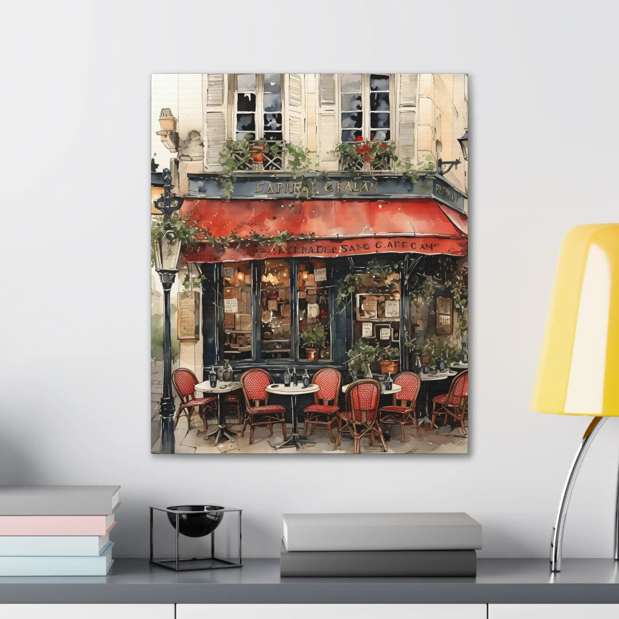 Canvas Gallery Wraps | a painting of a restaurant with a red awning