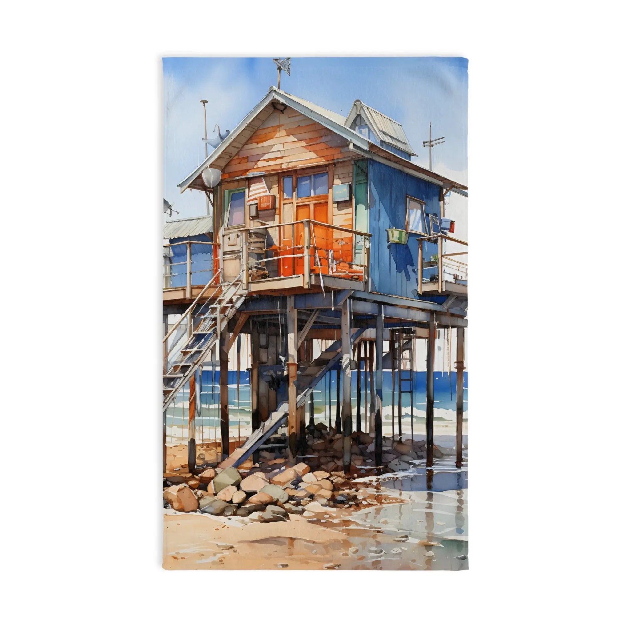 Hand towel | a painting of a house on stilts on the beach