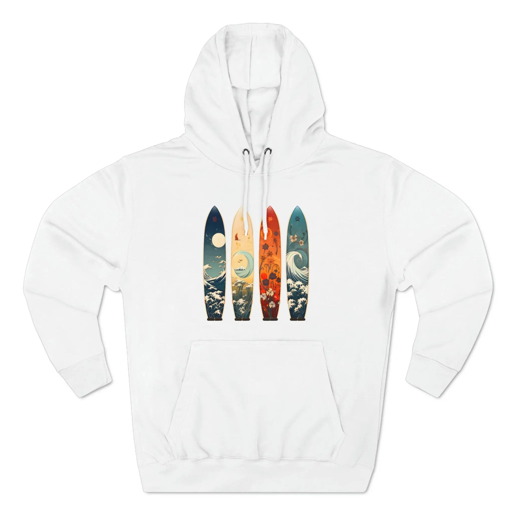 pullover hoodie | a white hoodie with three surfboards on it