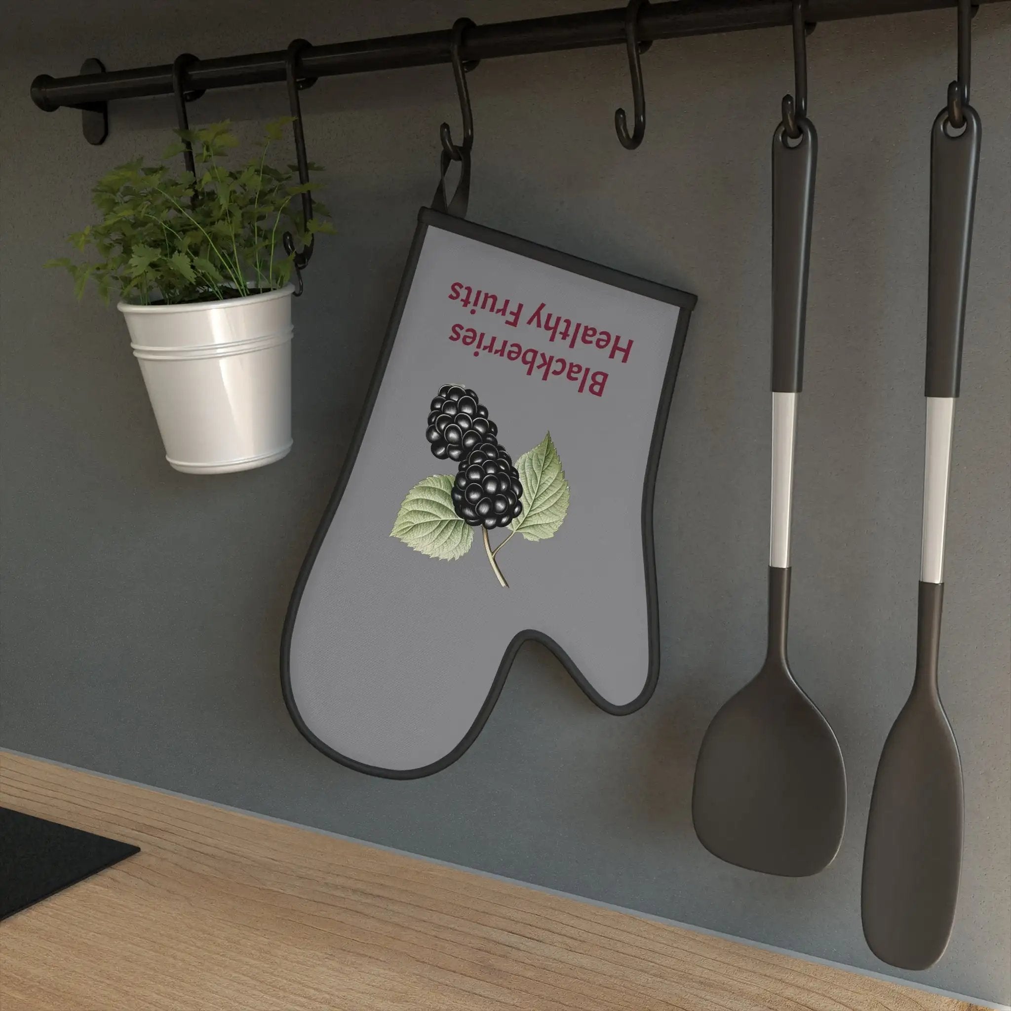 oven mitt | a potted plant and two spoons hanging on a wall