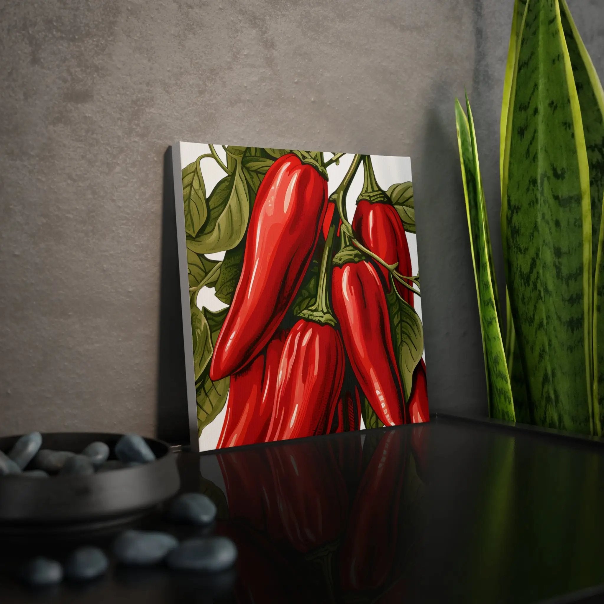 Canvas Gallery Wraps | a painting of red peppers on a table next to a potted plant