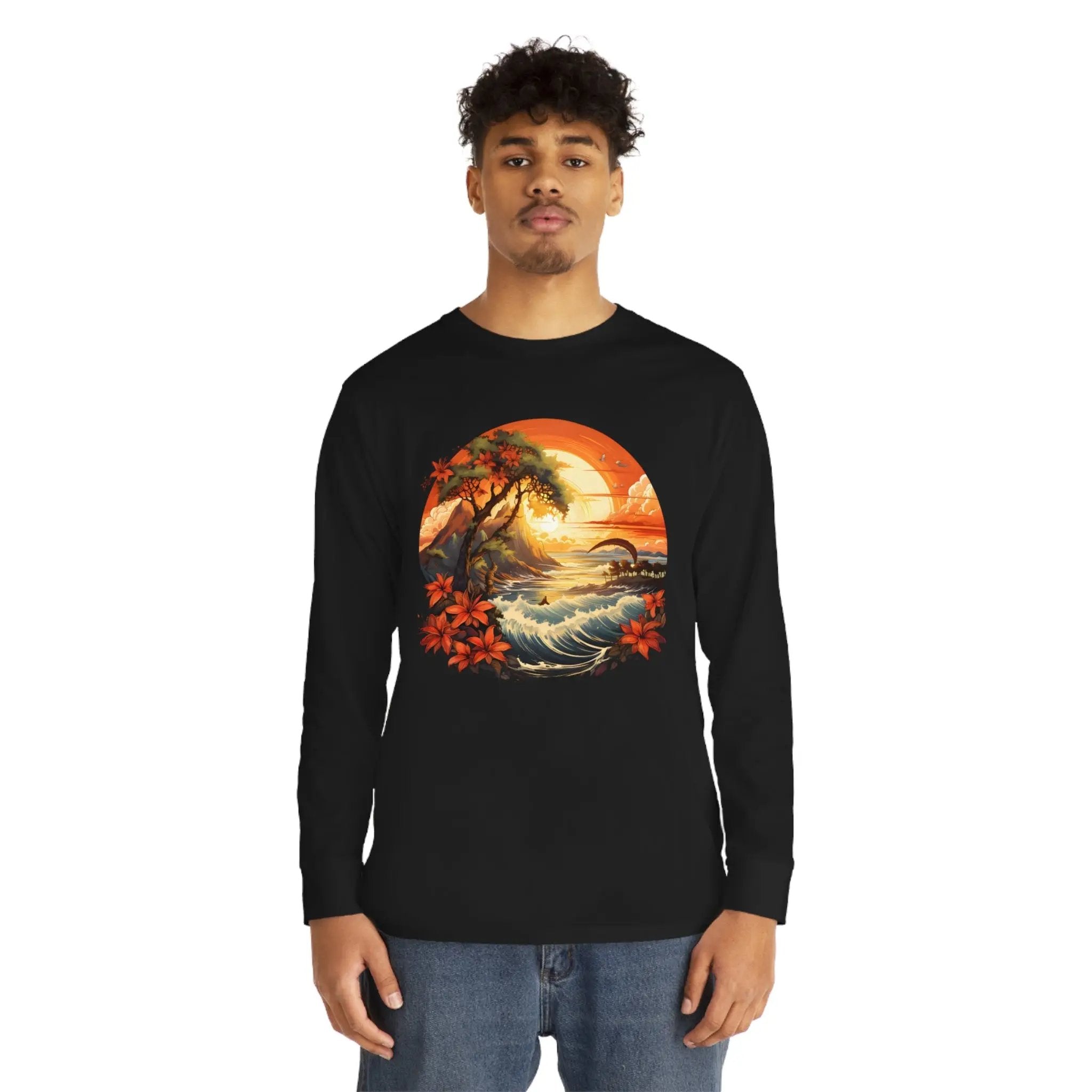 Long Sleeve t shirt | a man wearing a black long - sleeved shirt with a painting of a sunset