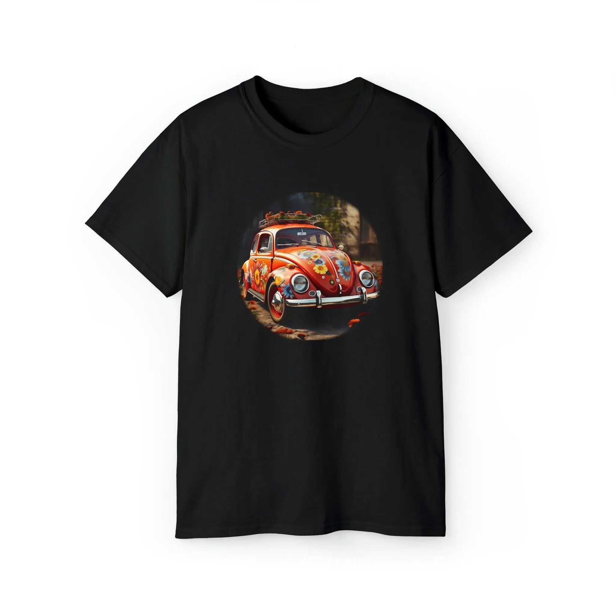 men tee graphic | a black t - shirt with an orange van bug on it