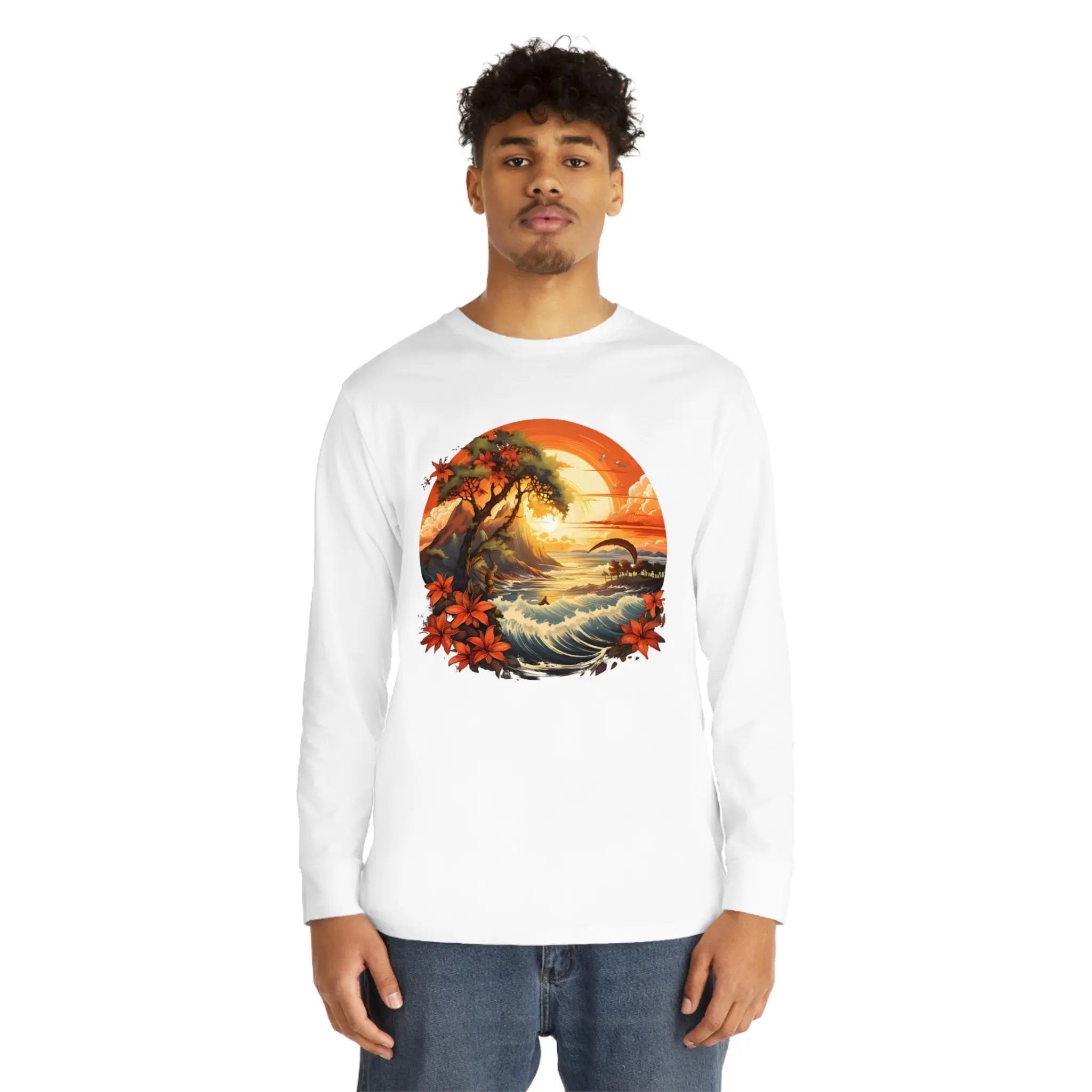 Long Sleeve t shirt | a man wearing a white long - sleeved shirt with a painting of a sunset