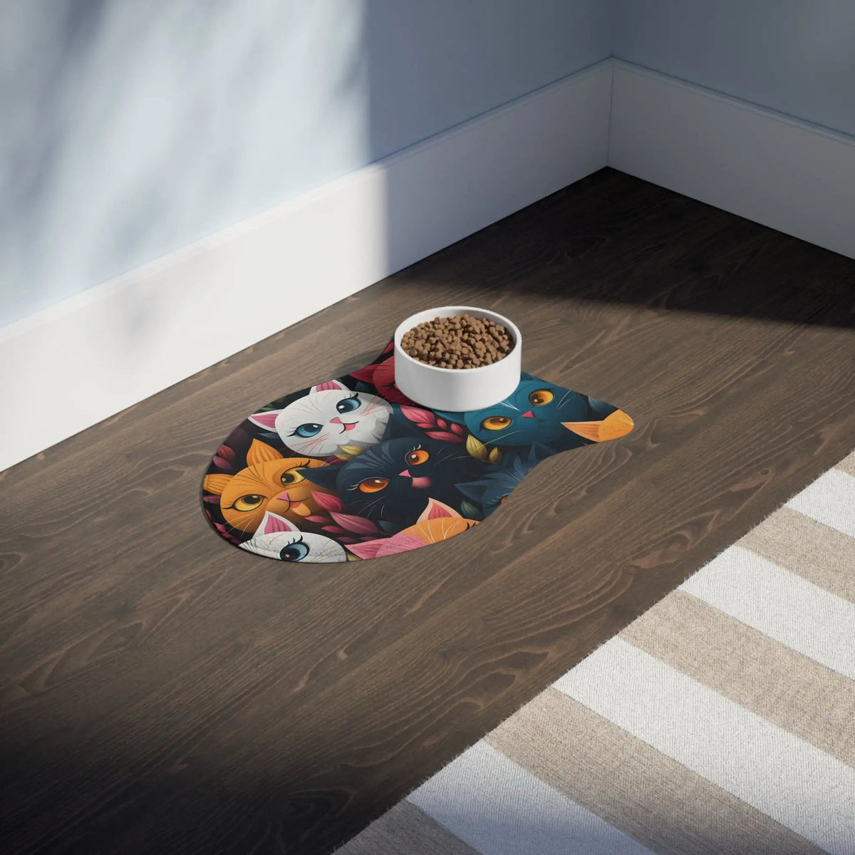 Pet Feeding Mats | a cat mat with a bowl of food on top of it