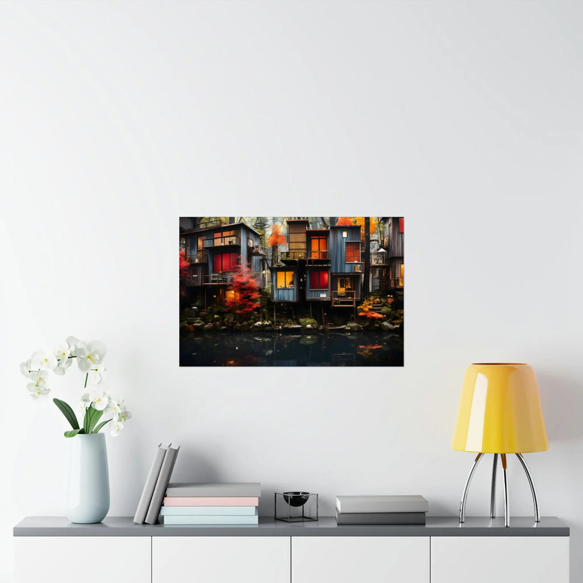 Kawaii Posters | a painting on a wall above a table with a lamp