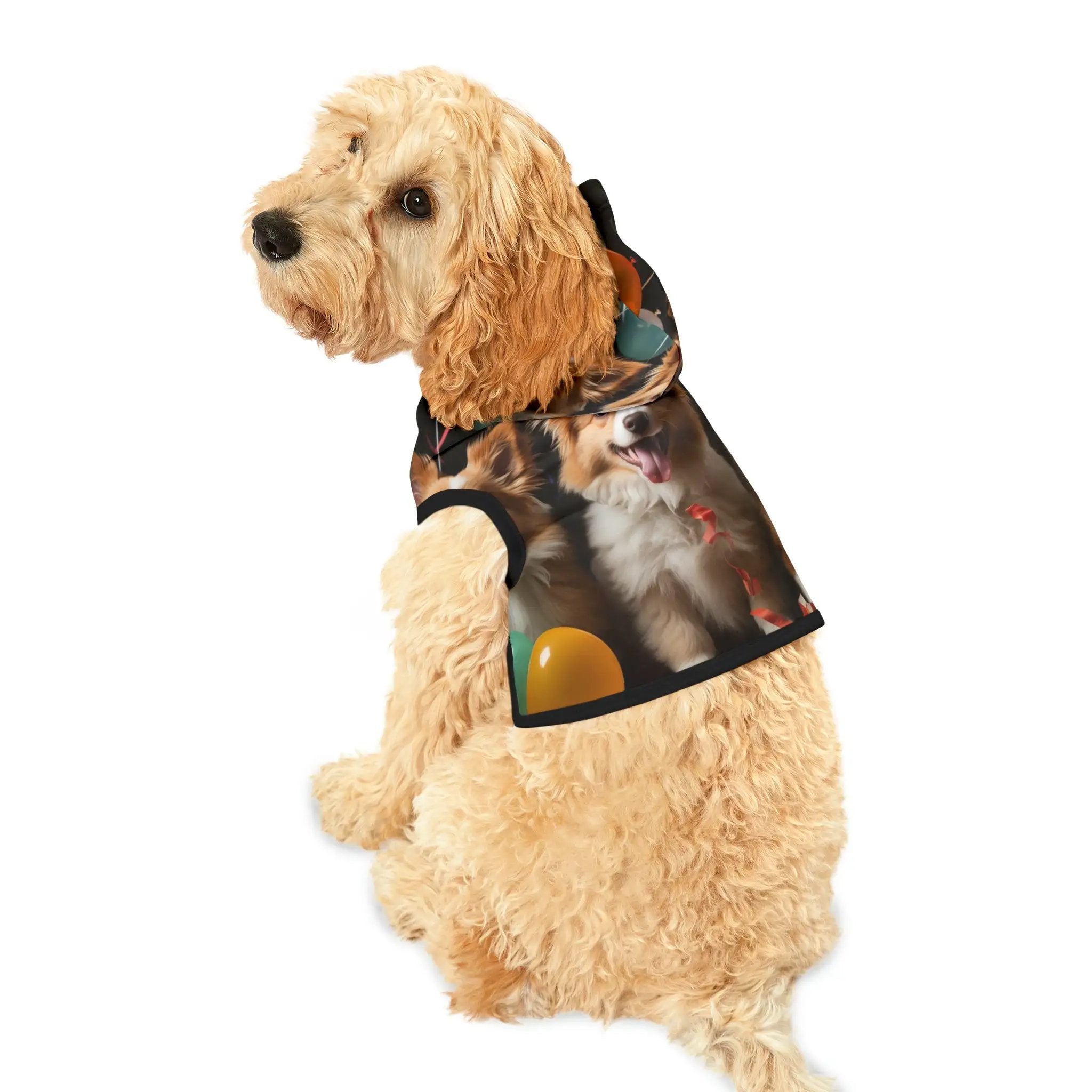 Pet hoodie | a dog wearing a shirt with a picture of two dogs on it