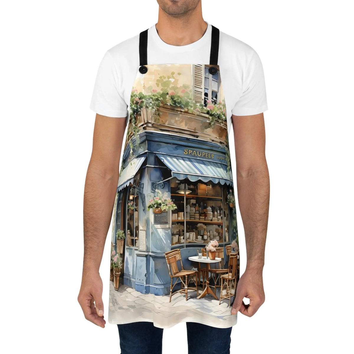 Chef Apron | a man wearing an apron with a picture of a store front