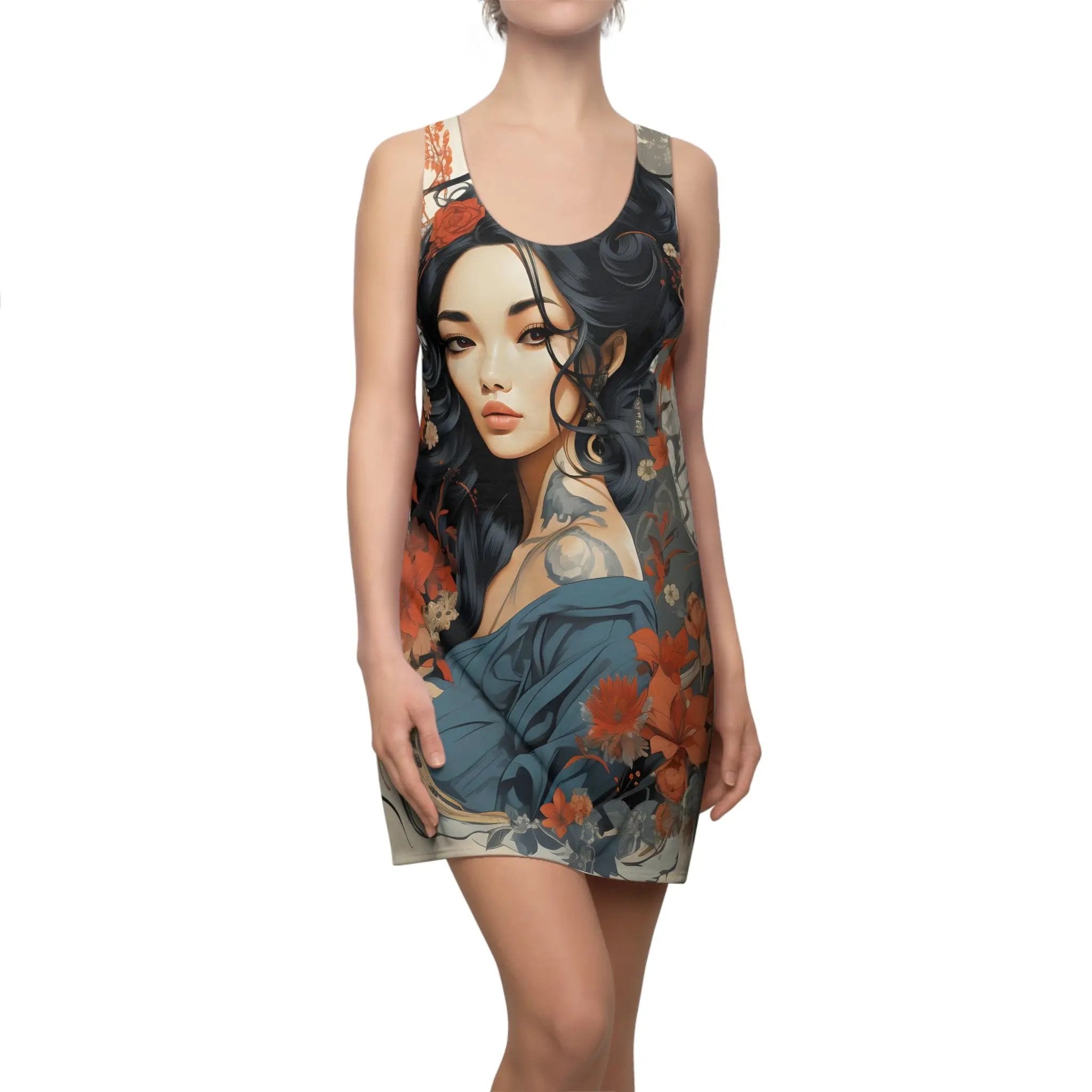 Woman summer dress | a woman wearing a dress with a picture of a woman on it