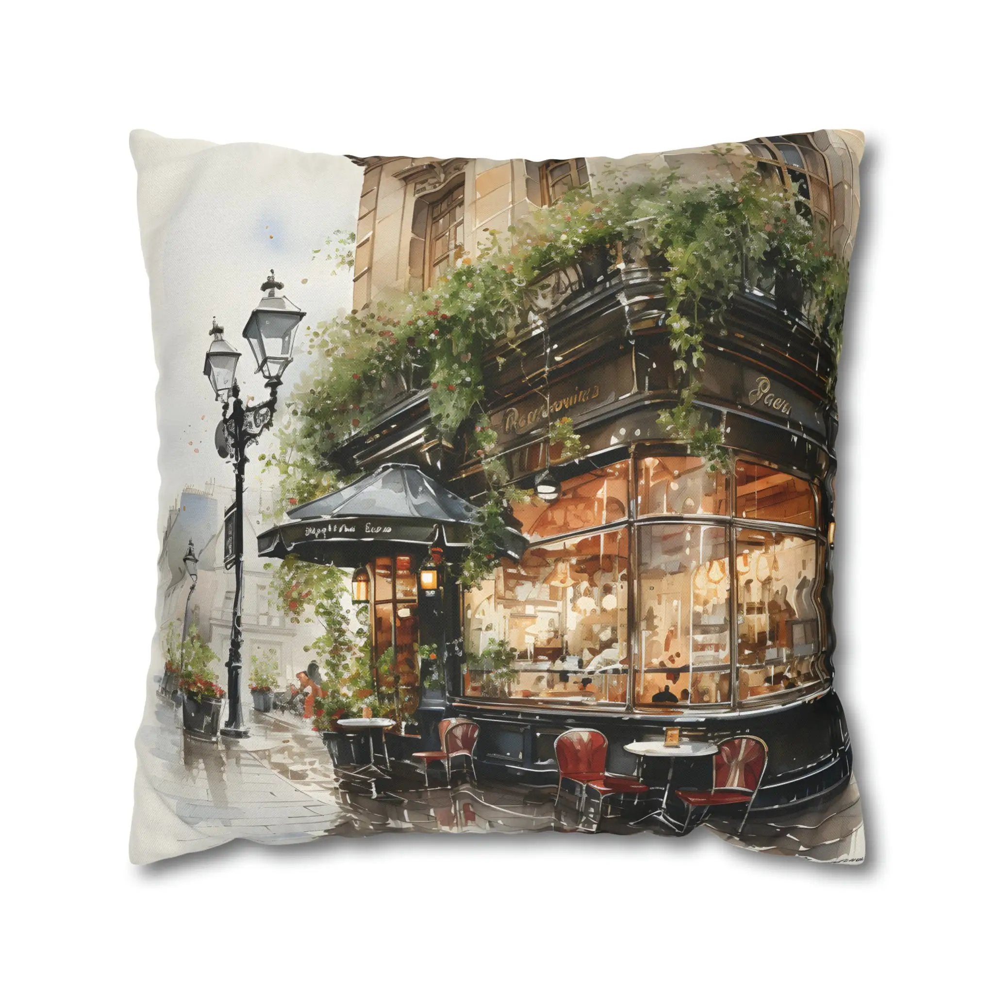 pillow cover | a pillow with a painting of a cafe