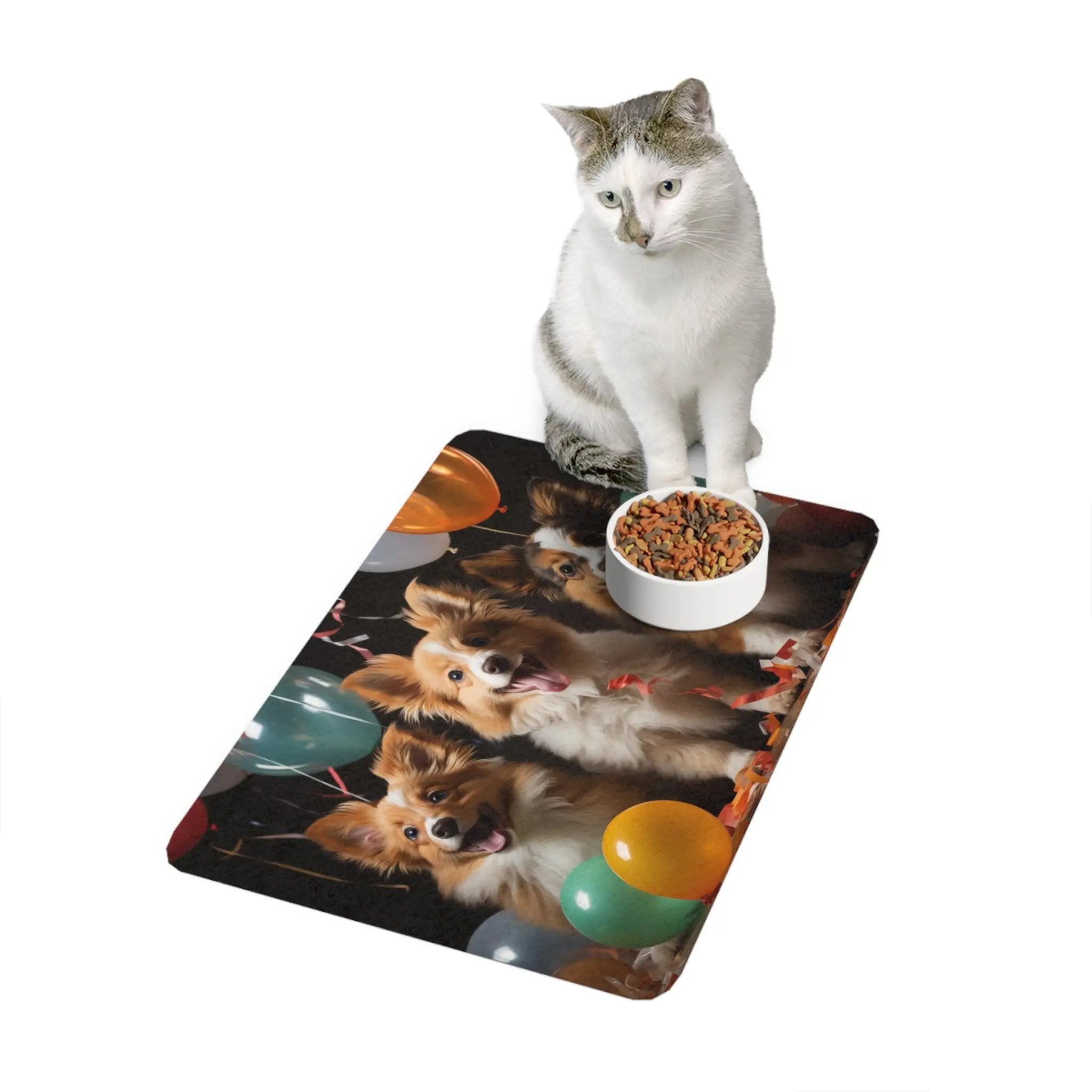 Pet Food Mat | a cat sitting on top of a table with a bowl of food