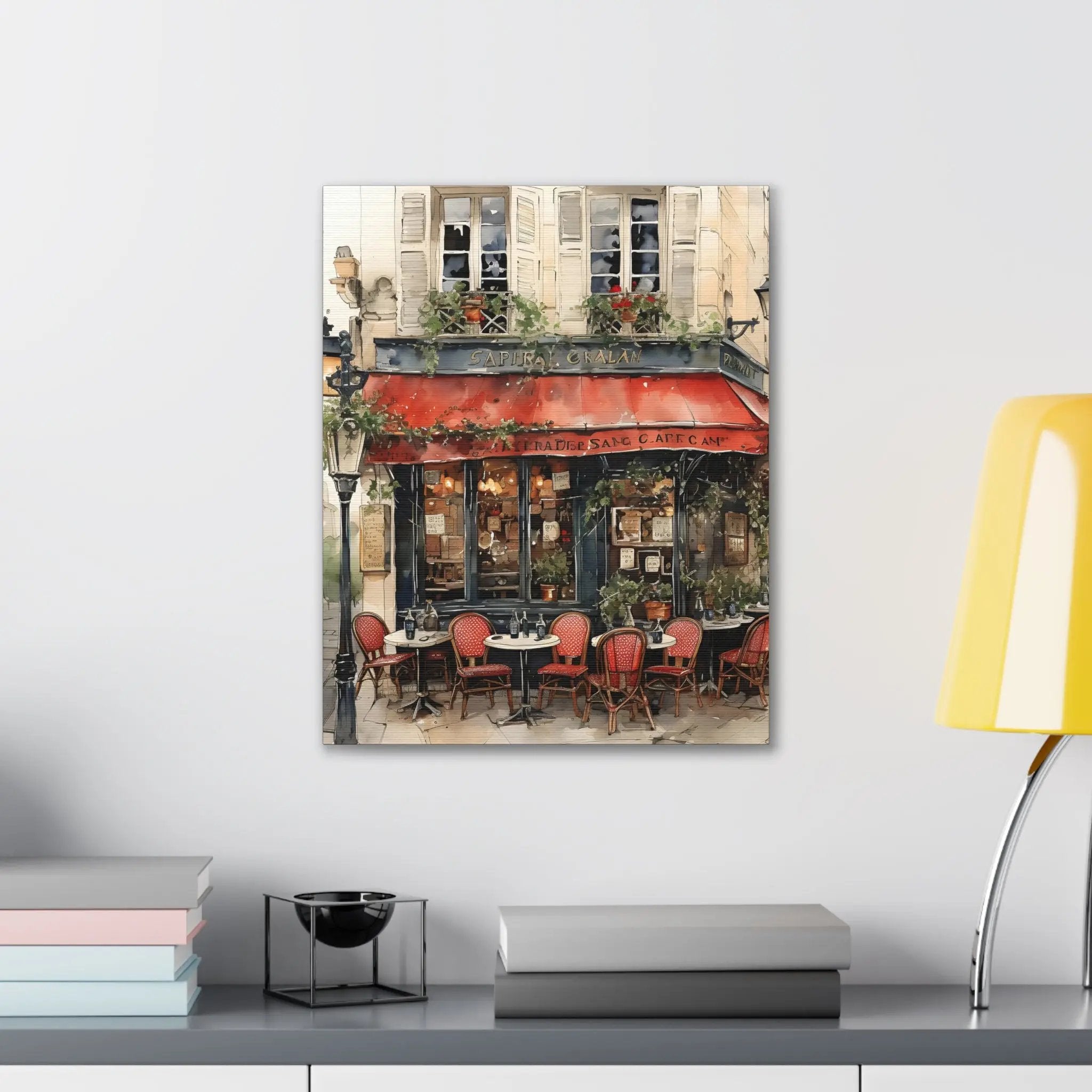 Canvas Gallery Wraps | a painting of a restaurant with a red awning