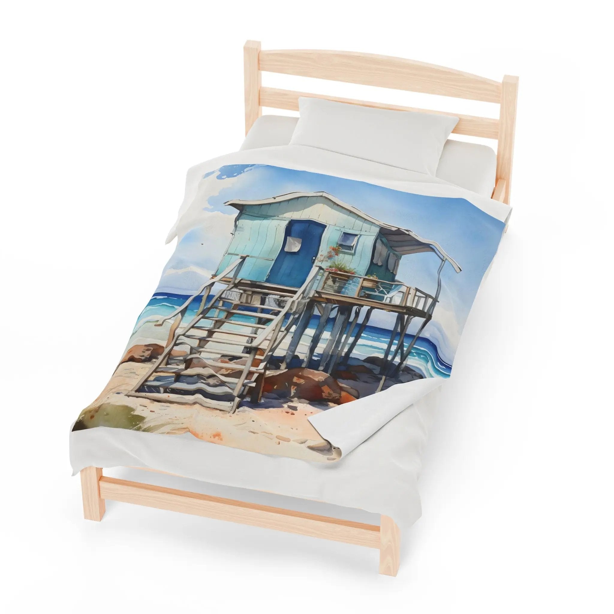 bedroom Blanket | a bed with a painting of a house on it