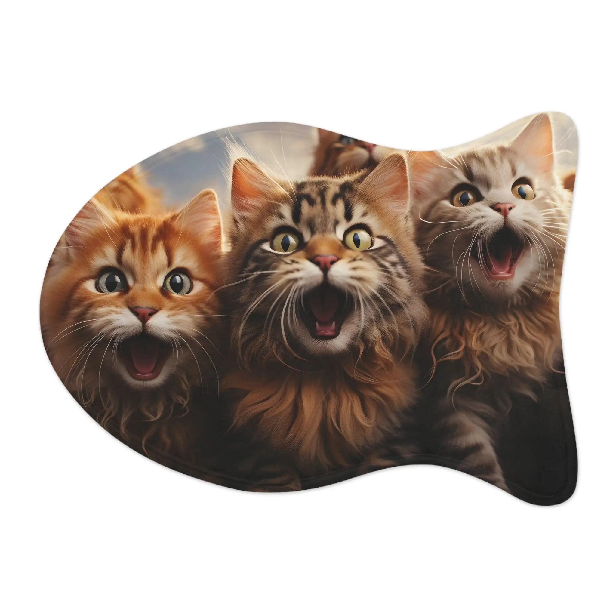 Pet Feeding Mats | a picture of three cats with their mouths open