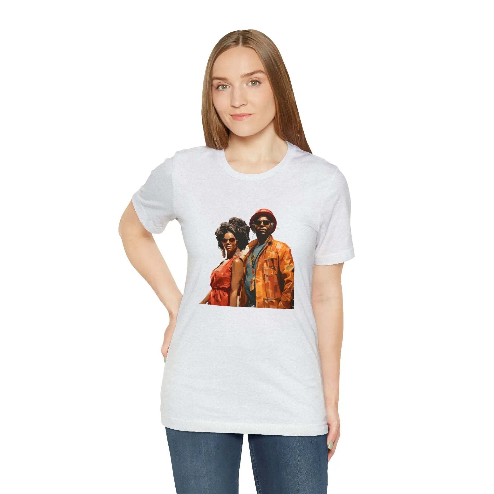 Couple t shirt | a woman wearing a white t - shirt with a picture of two people on it