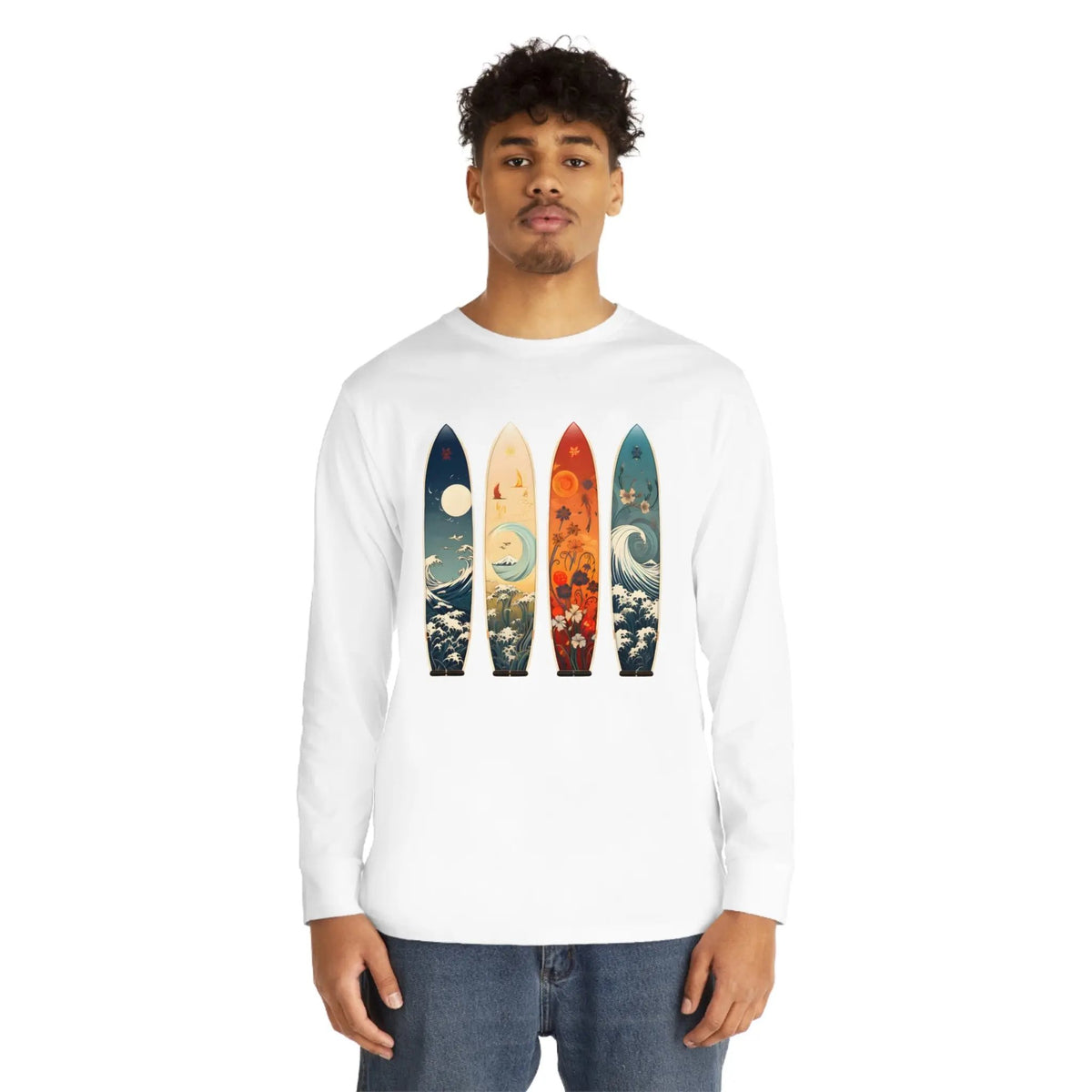 Long Sleeve t shirt | a man wearing a white shirt with four surfboards on it