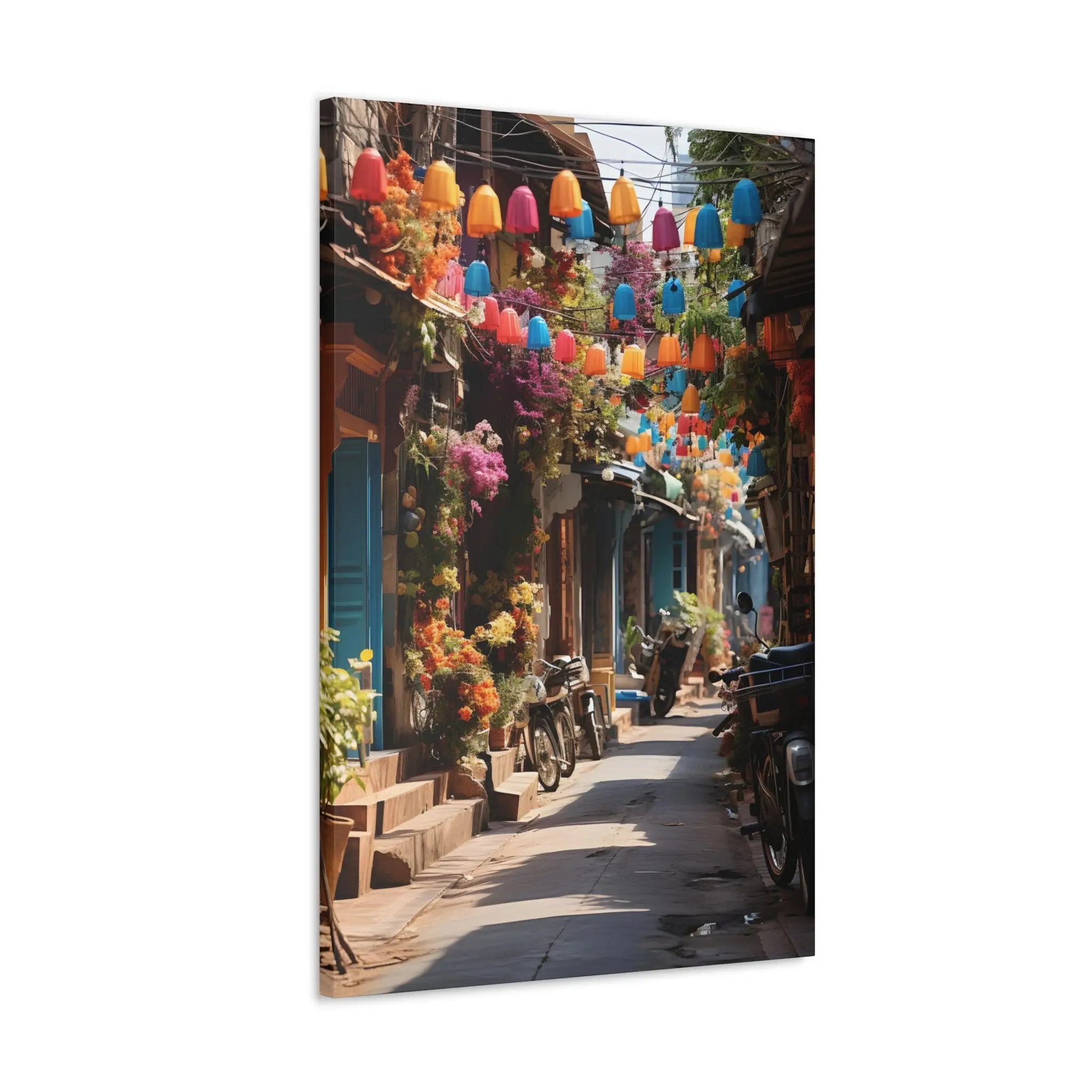 Canvas Gallery Wraps | a street with a bunch of flowers hanging from the side of it