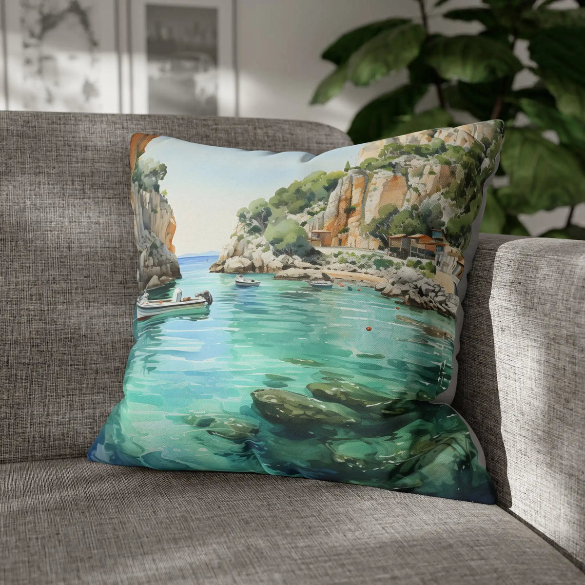 Pillow Sham | a couch with a pillow with a painting on it