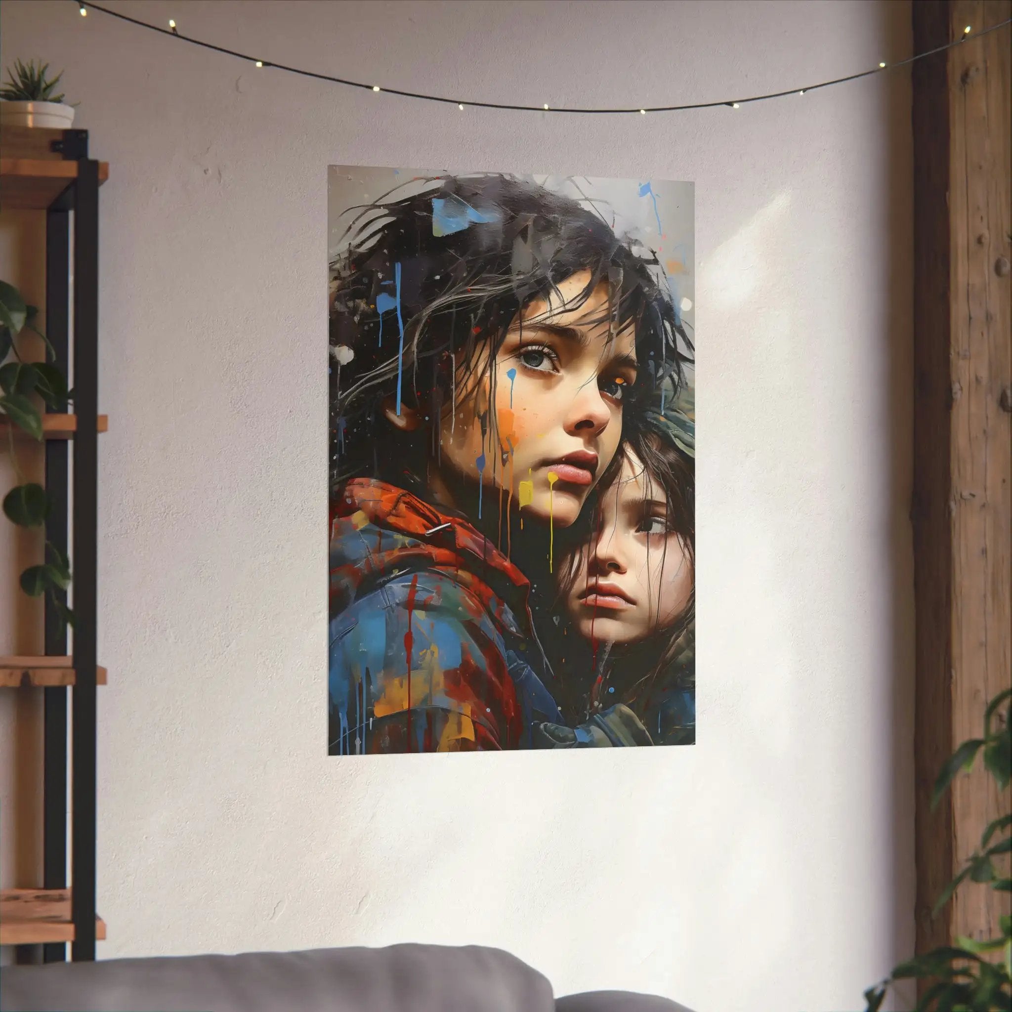 Kawaii Posters | a painting of two young girls on a wall