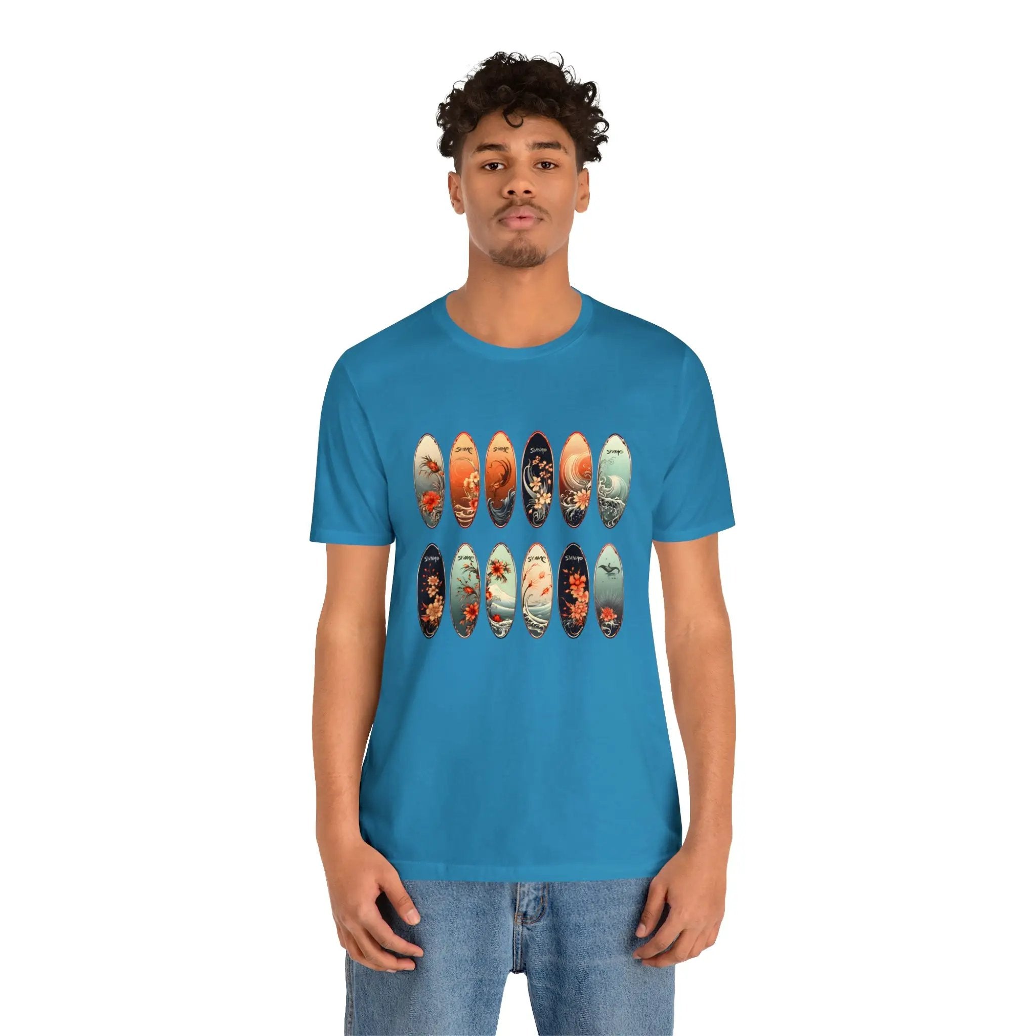 Couple t shirt | a man standing in front of a white background wearing a blue t - shirt with