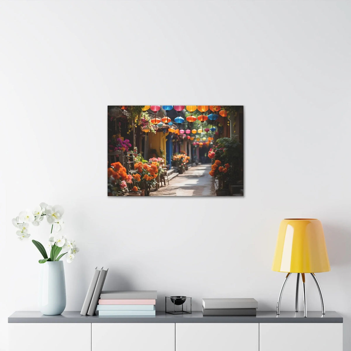 Canvas Gallery Wraps | a room with a shelf and a lamp and a painting on the wall