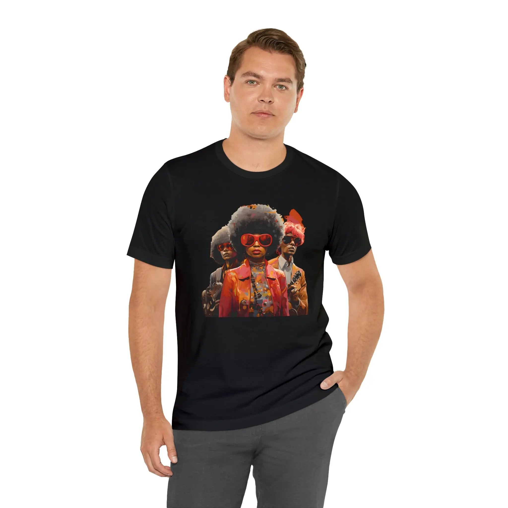 Couple t shirt | a man wearing a black t - shirt with a picture of two people on it