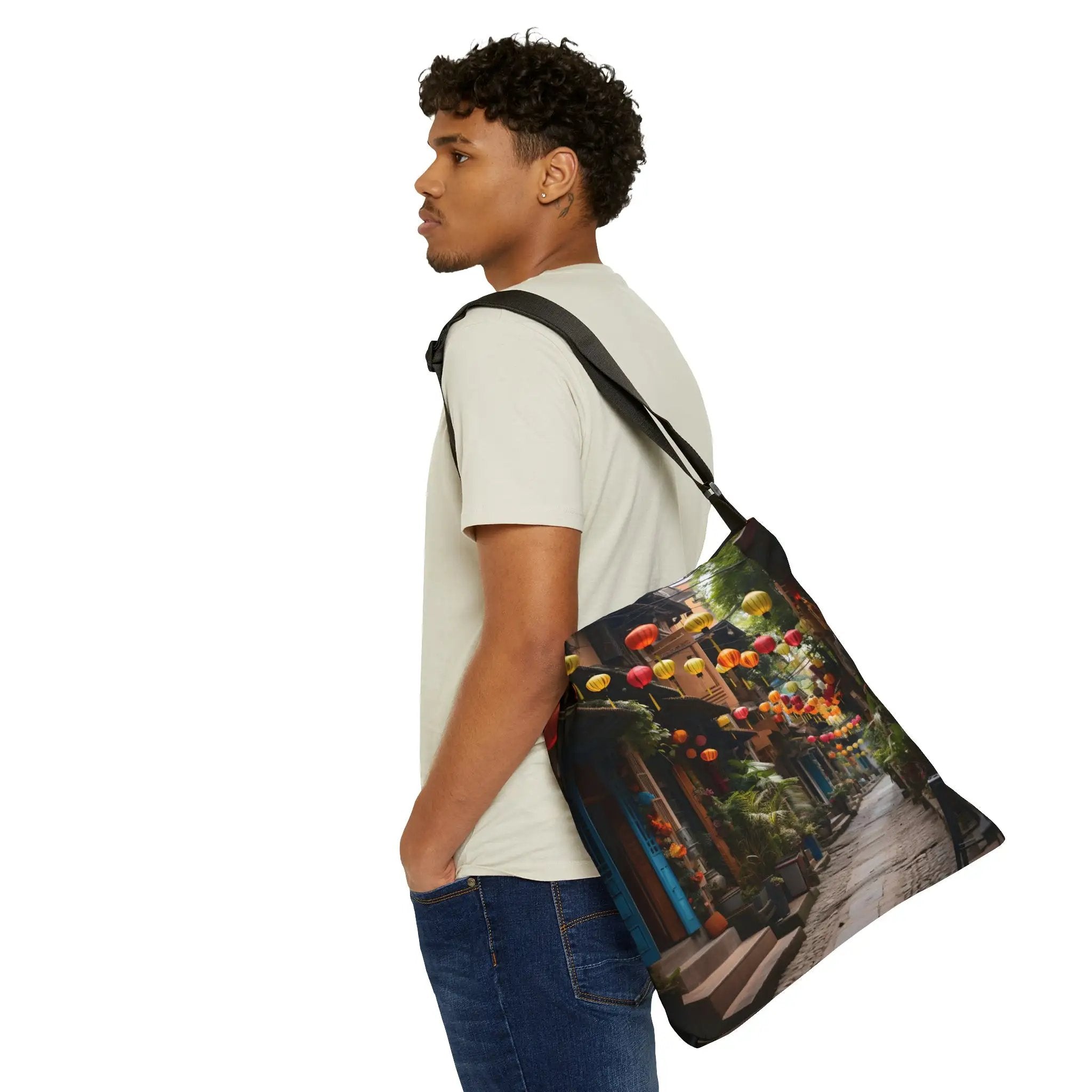 Weekender tote bag | a man carrying a bag with a picture on it