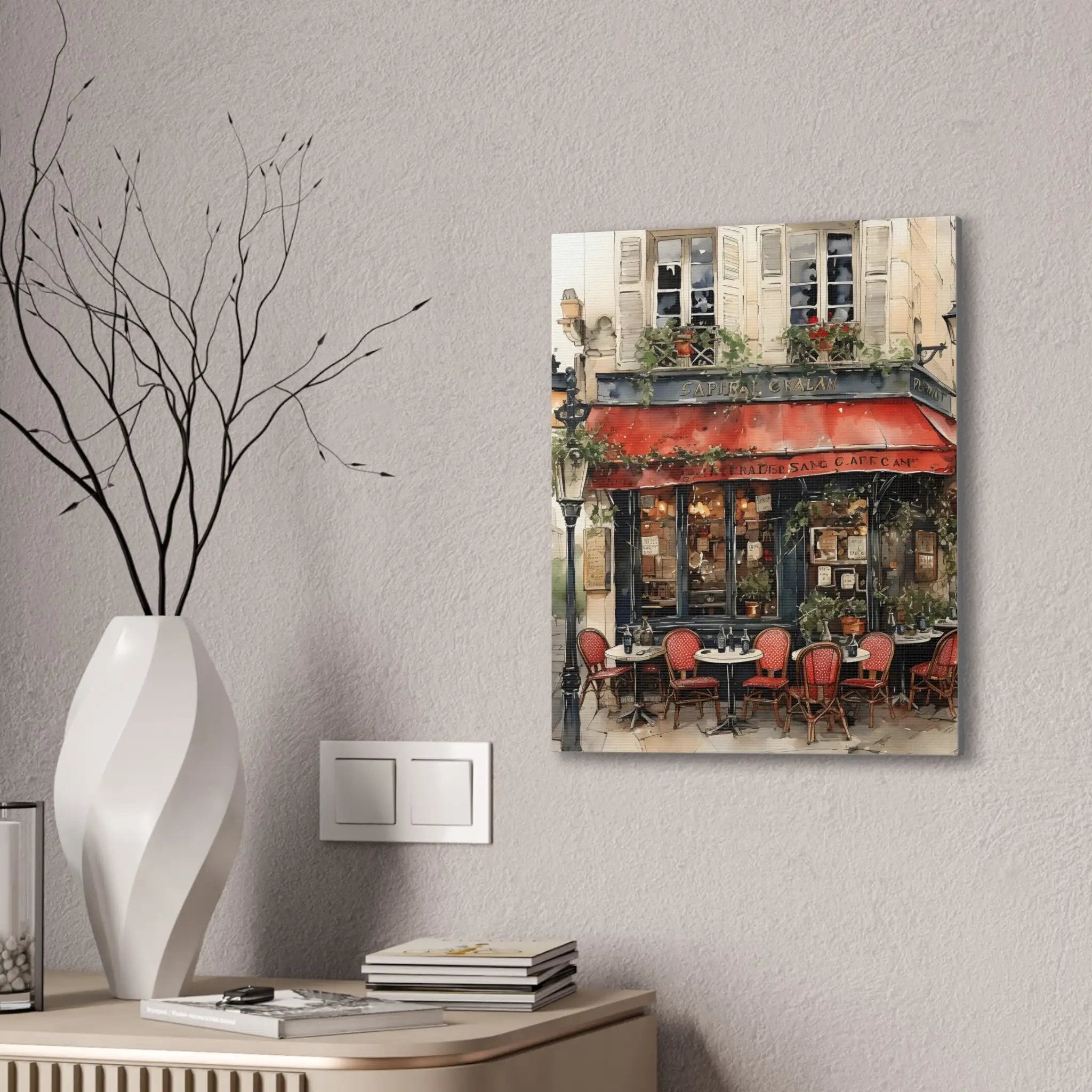 Canvas Gallery Wraps | a painting of a restaurant with a red awning