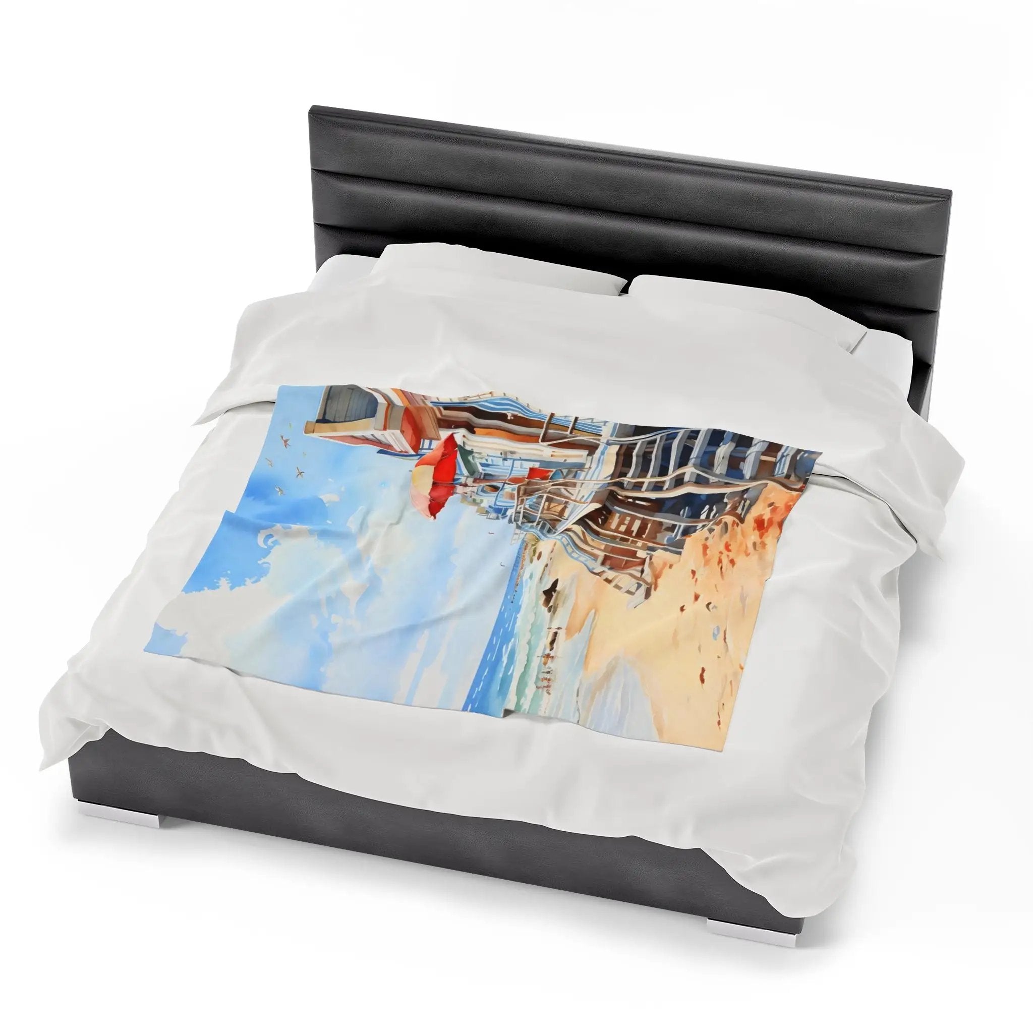 bedroom Blanket | a bed with a picture of a beach on it