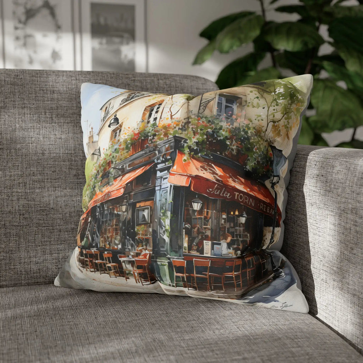 pillow cover | a pillow on a couch with a picture of a restaurant