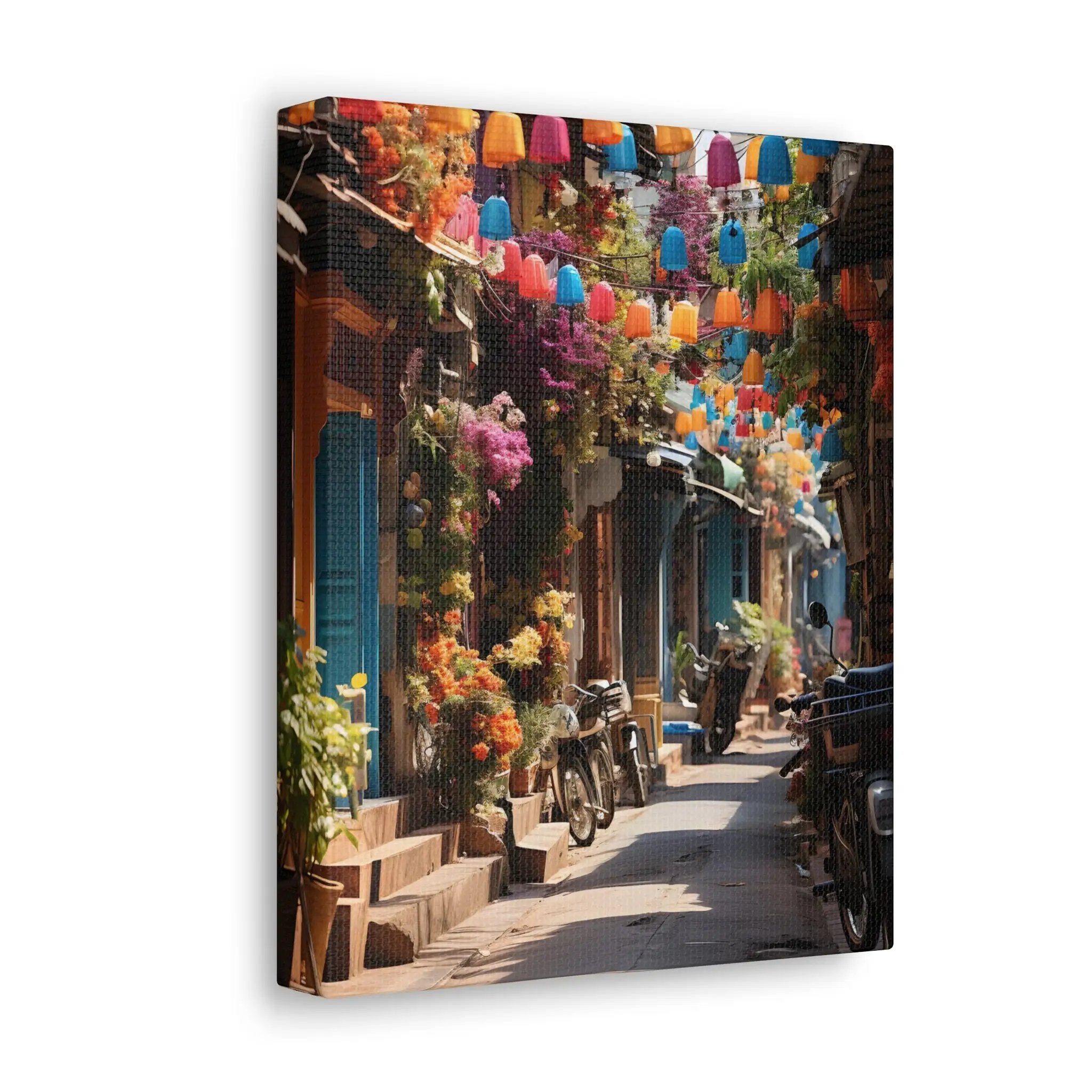 Canvas Gallery Wraps | a painting of a street with flowers hanging from the buildings