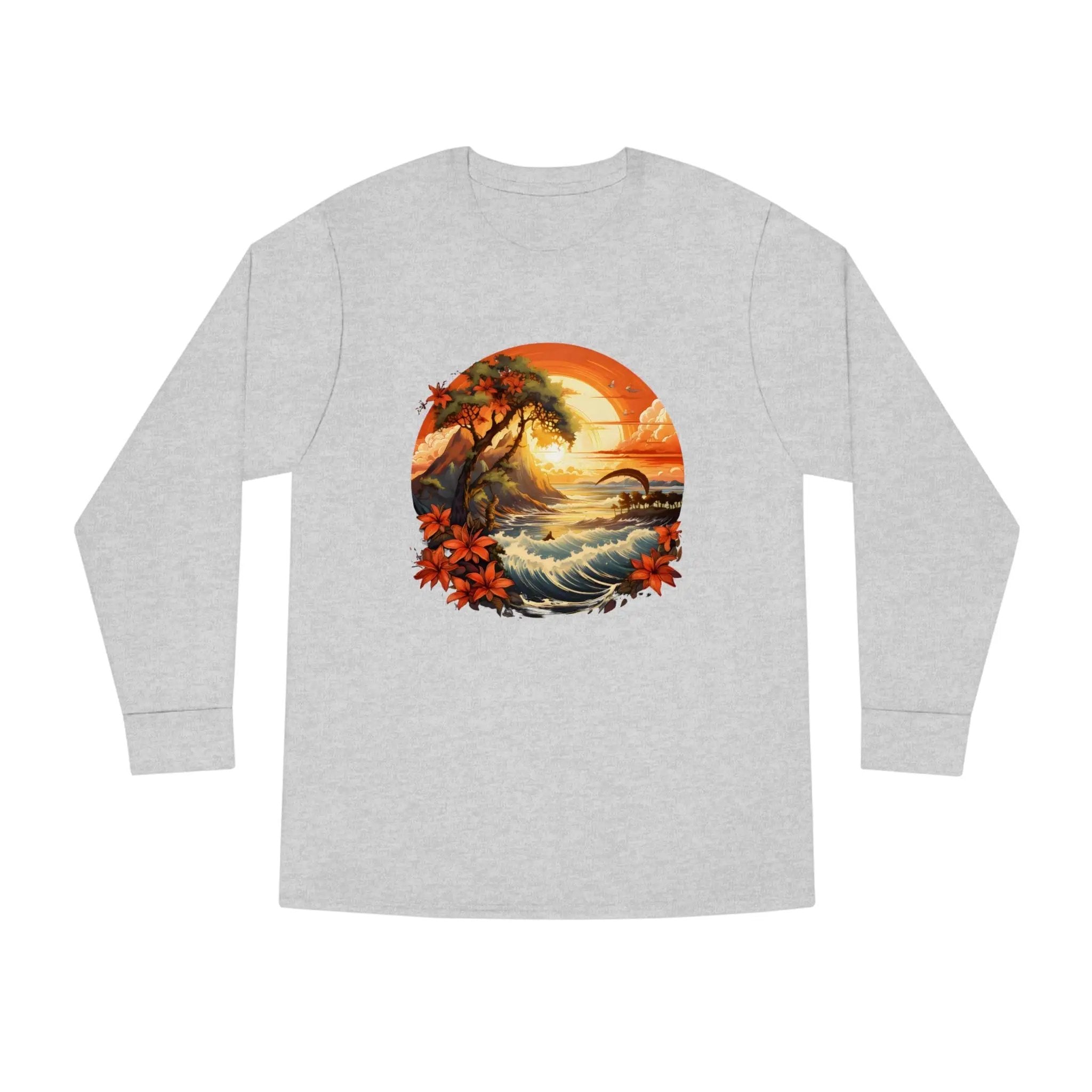 Long Sleeve t shirt | a long - sleeved shirt with an image of a sunset and a palm tree