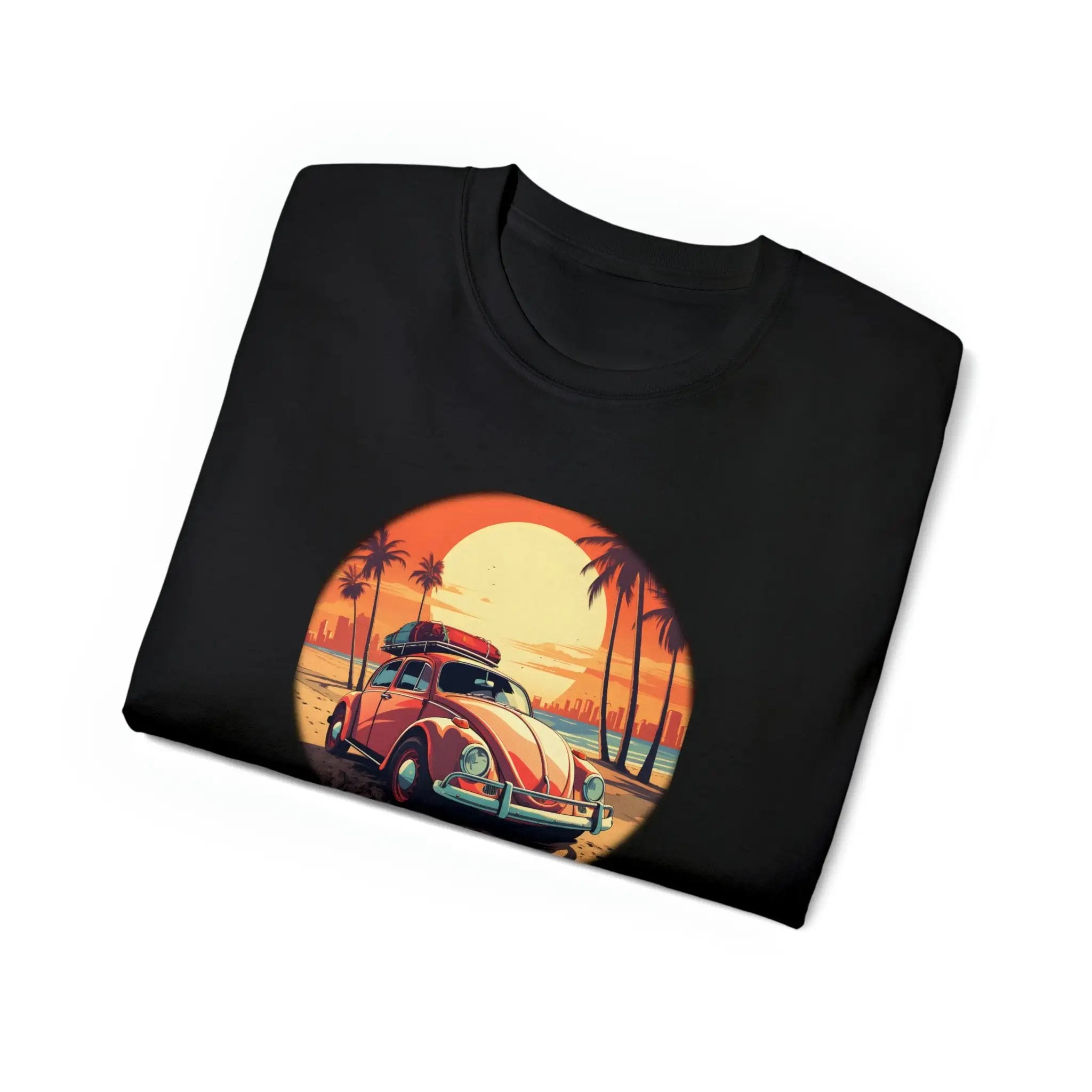 men tee graphic | a black t - shirt with an image of a car on the beach