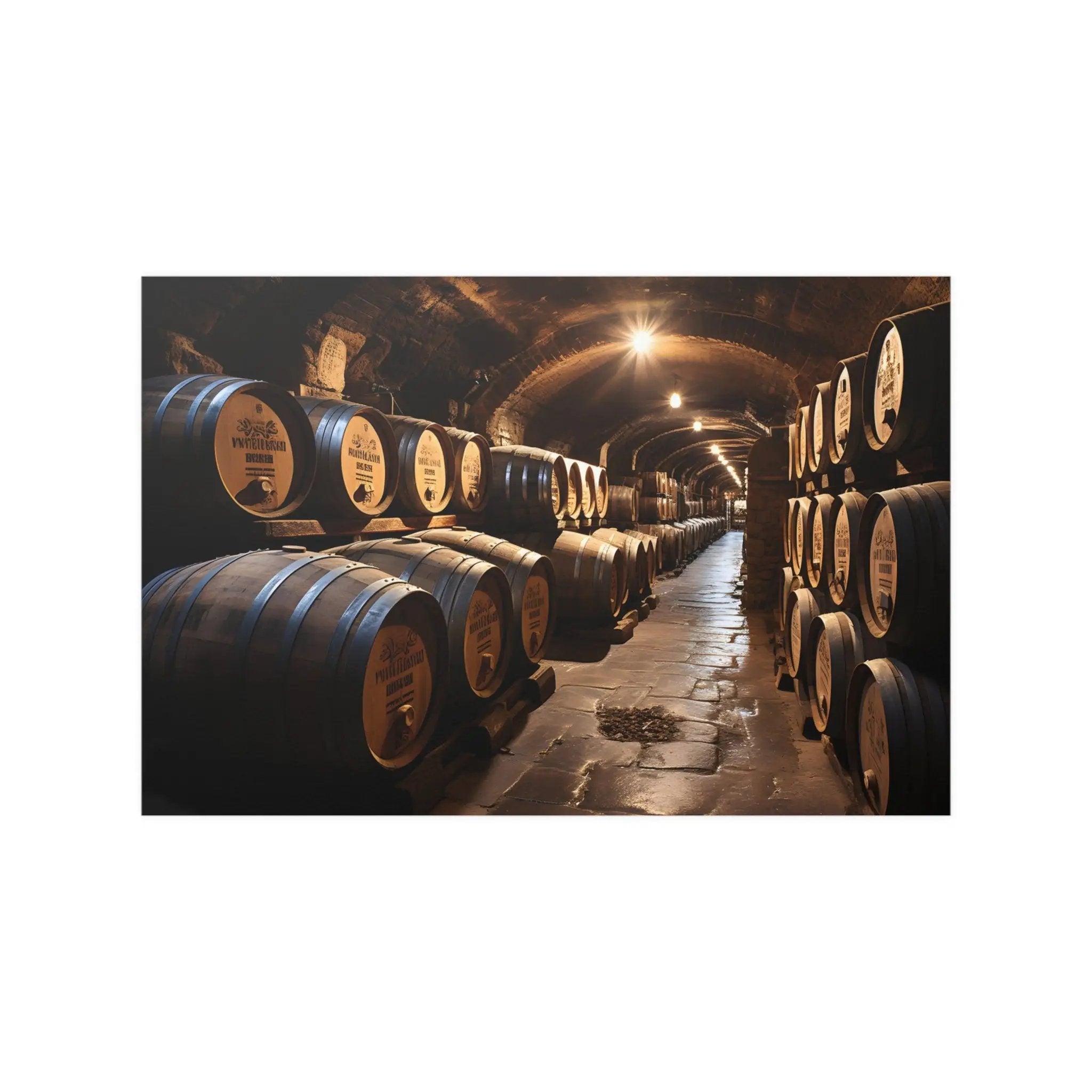 Kawaii Posters | a row of wine barrels in a wine cellar