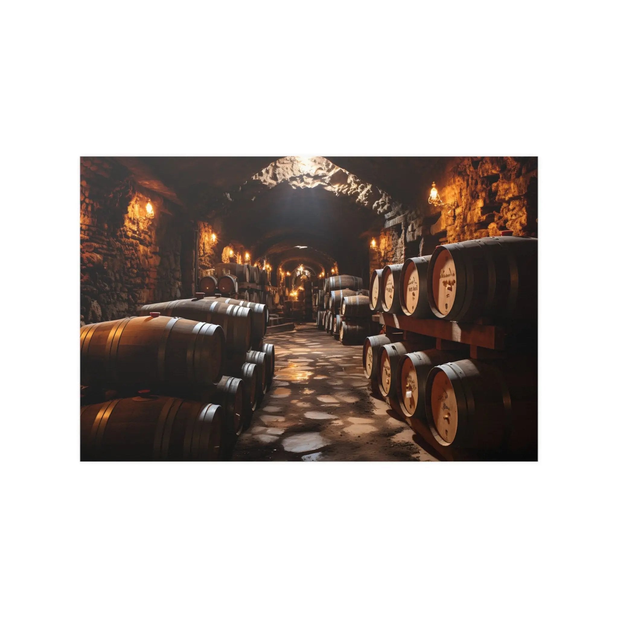 Kawaii Posters | a wine cellar filled with lots of barrels