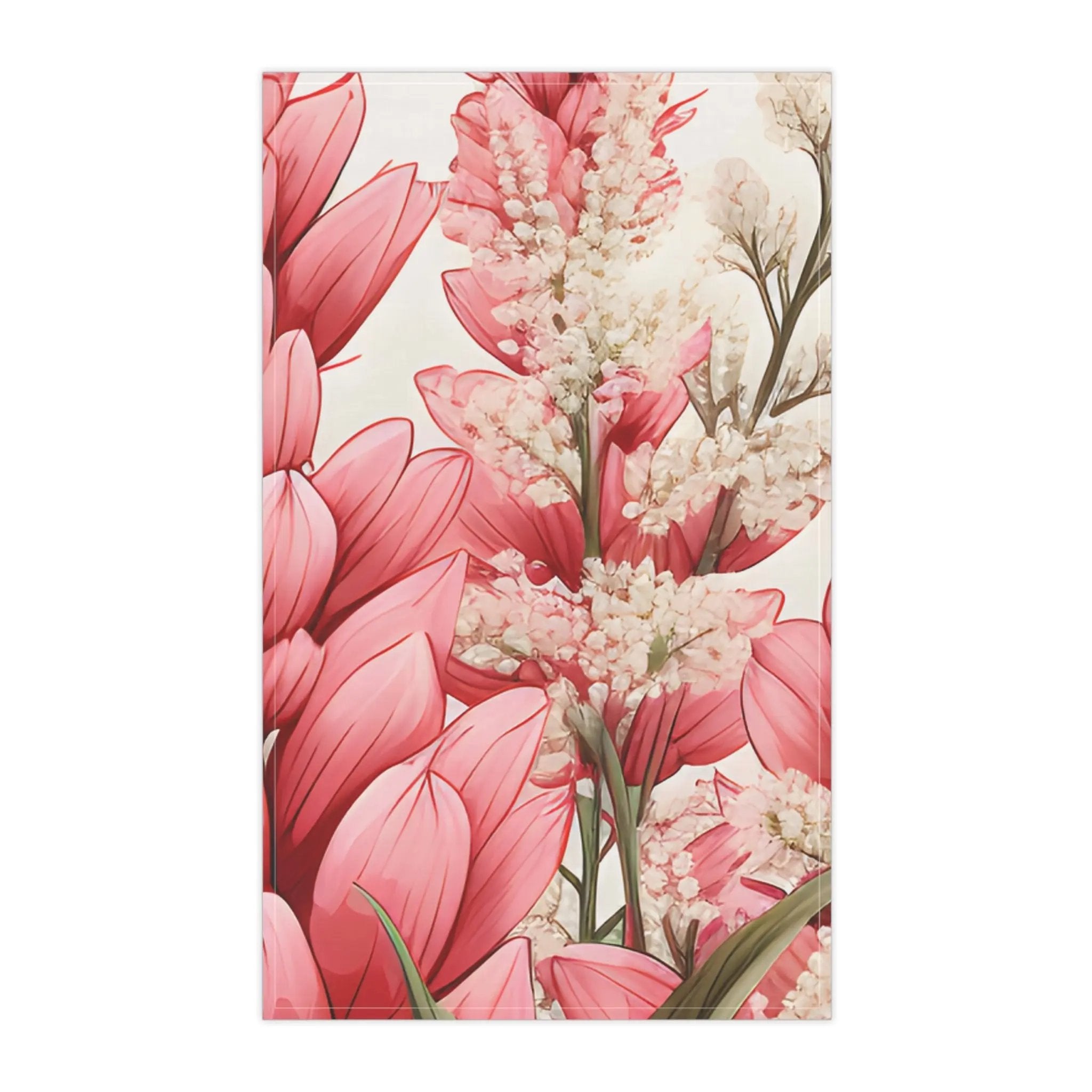 Kitchen Towel | a painting of pink flowers on a white background