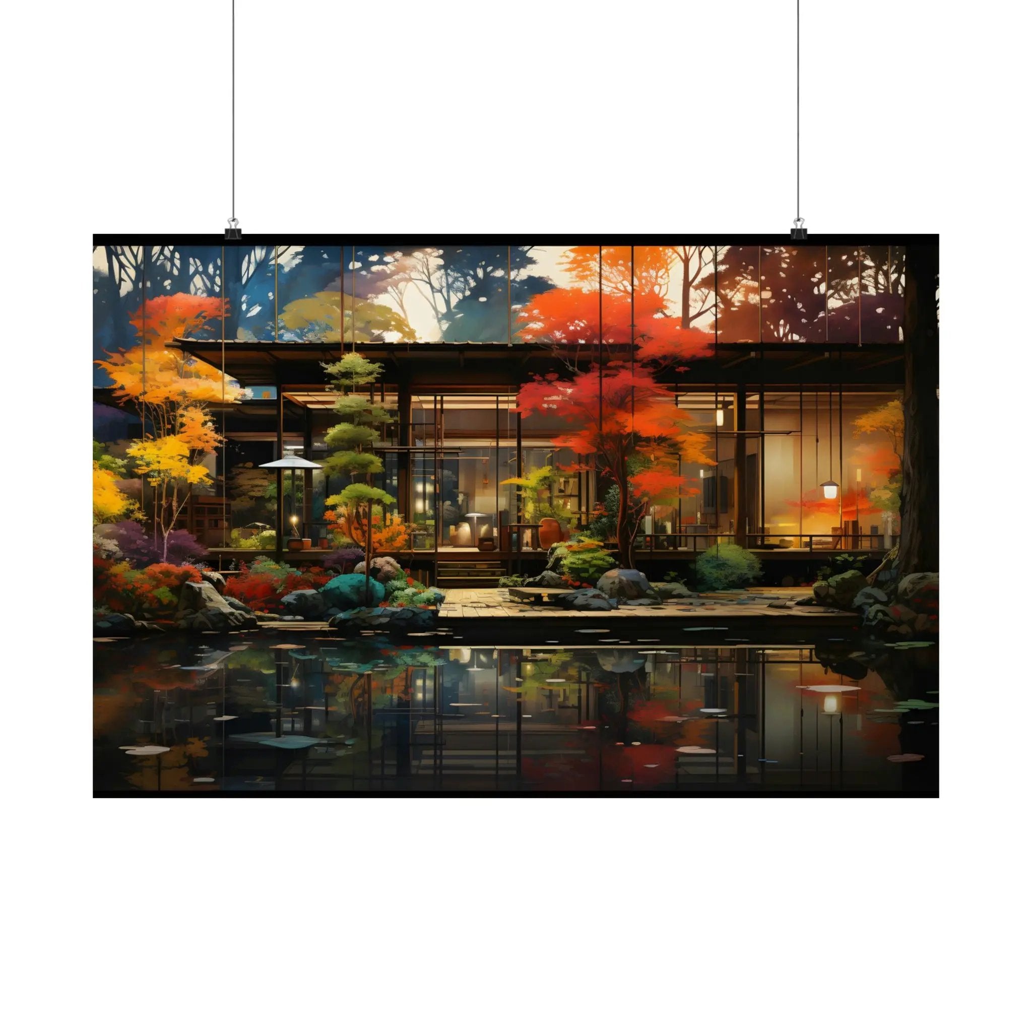 Kawaii Posters | a painting of a house with a pond in front of it